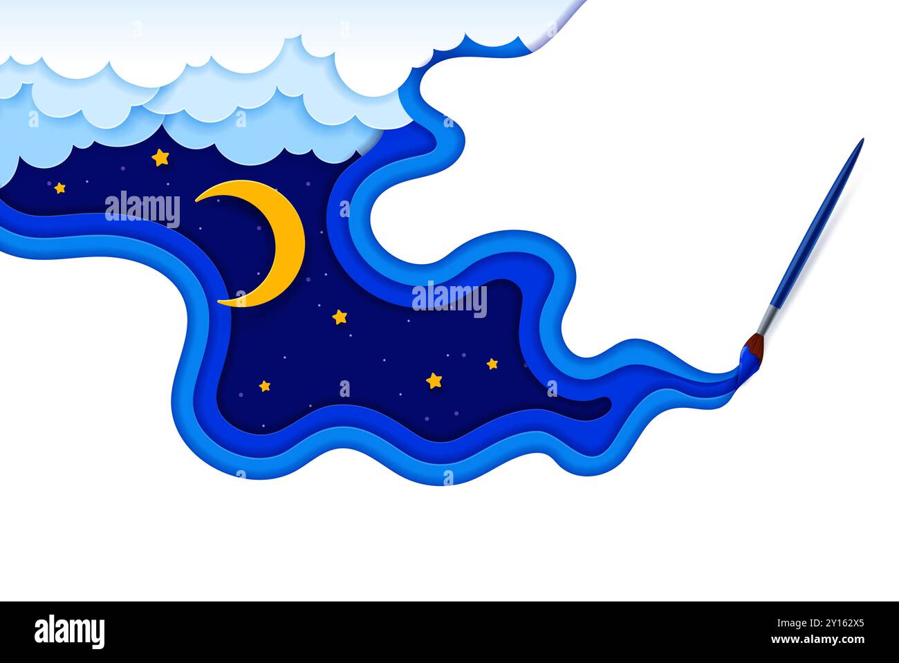 Pennello e carta tagliano il cielo notturno. cornice a strati vettoriale 3d papercut con nuvole, stelle e una luna crescente in un cielo blu scuro. Pennello per creare una vivace e fantasiosa arte notturna Illustrazione Vettoriale