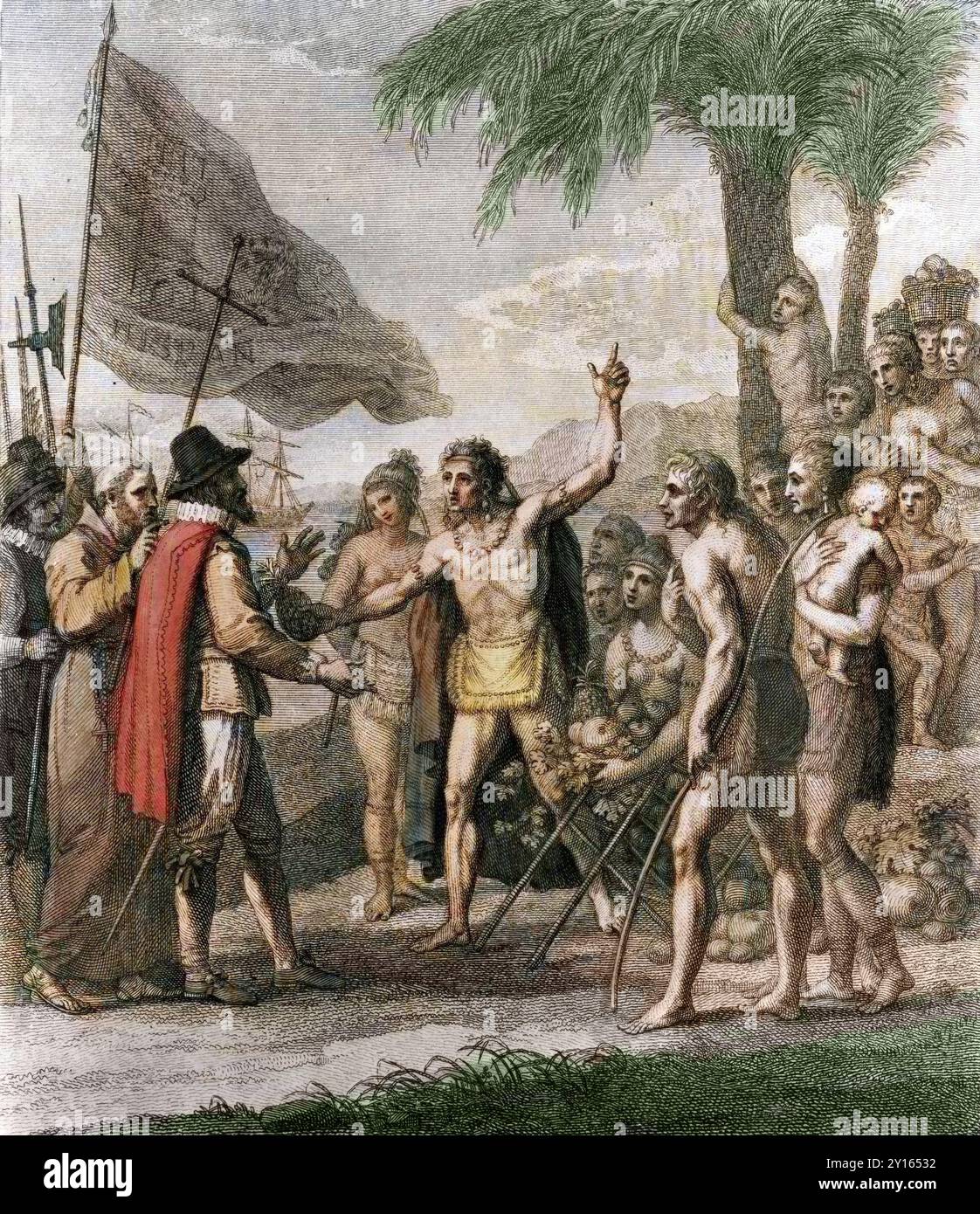 An Indian Cacique of the Island of Cuba Addressing Columbus (-) Concerning a Future State (un cacique indiano dell'isola di Cuba che si rivolge a Colombo (1451-1500) riguardante un futuro stato) da "The History, Civil and Commercial, of the British Colonies in the West Indies" di Bryan Edwards. xviii secolo Foto Stock