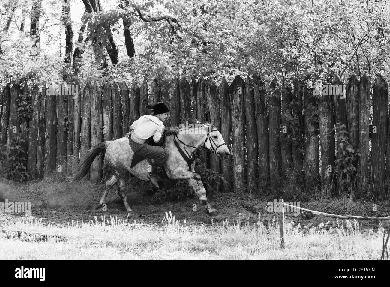 Cossacchi di Zaporozhye dell'esercito di Zaporozhye in costumi nazionali a cavallo Foto Stock