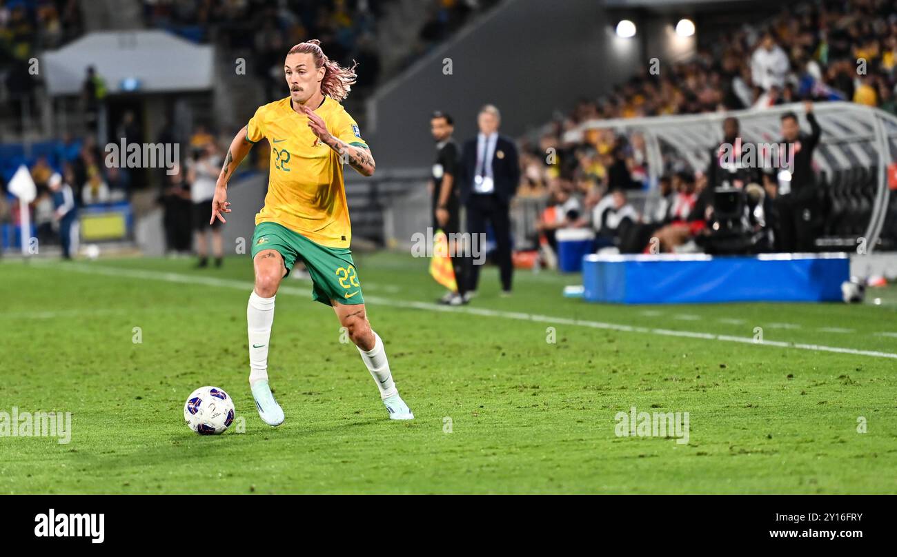 Gold Coast, Australia. 9 settembre 2024, Jackson Irvine durante la Coppa del mondo FIFA 2026 Asian Qualifier, Australia contro Bahrain. Crediti: Kleber Osorio/Alamy Live News Foto Stock