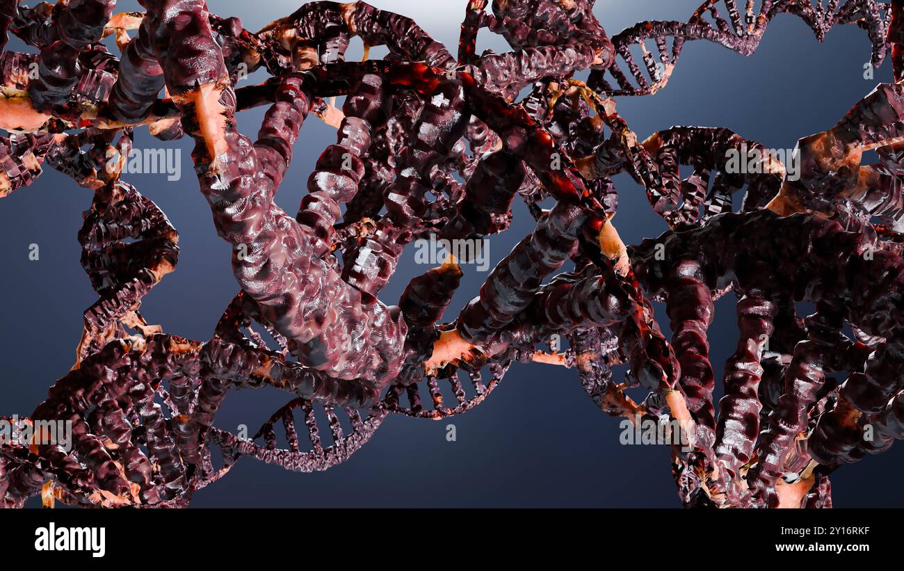 Disturbo e danno genetico del DNA, effetto mutazione o radiazione, struttura molecolare del cancro maligno, molecola di degradazione del codice genoma umano, biochimica Foto Stock