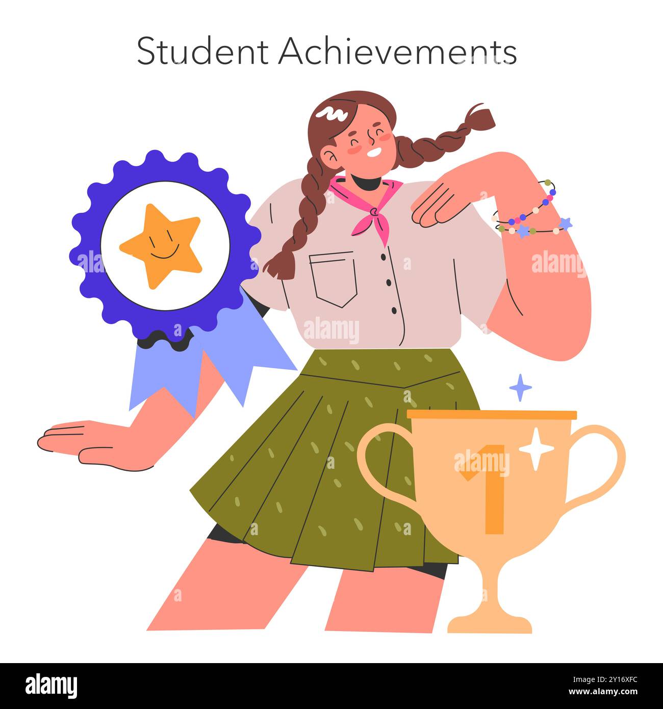 Concetto di raggiungimento dell'istruzione. Illustrazione di uno studente orgoglioso con una medaglia e un trofeo per il successo accademico. Celebrazione dell'eccellenza nel settore dell'istruzione. Illustrazione vettoriale. Illustrazione Vettoriale