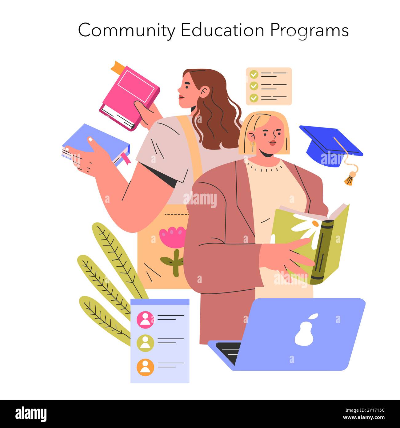 Conoscenza per tutti i concetti. Illustrazione di persone diverse che partecipano a programmi di educazione comunitaria, promuovendo l'apprendimento lungo tutto l'arco della vita. Illustrazione vettoriale. Illustrazione Vettoriale