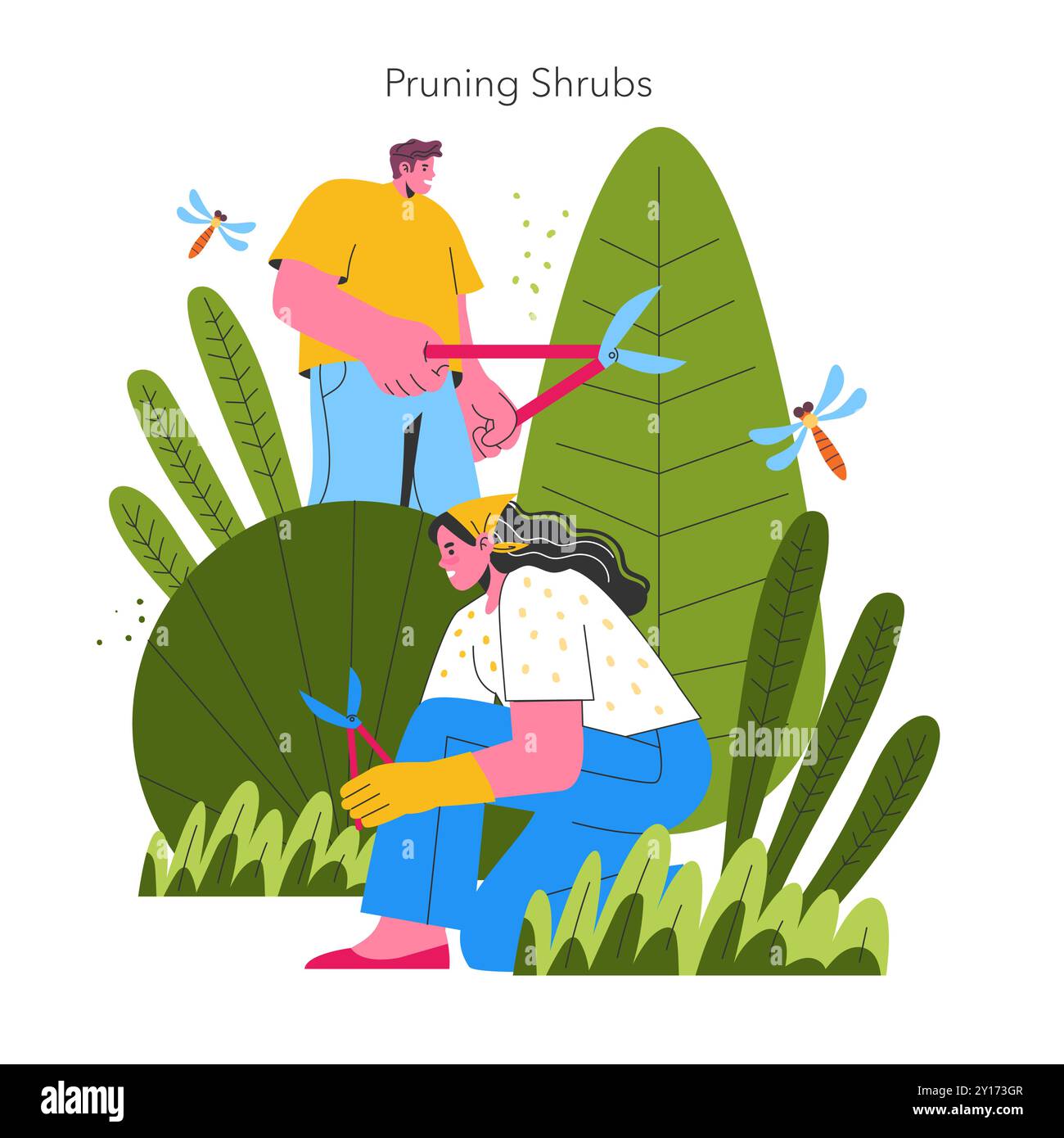 Concetto Garden Girl. Una donna e un uomo tendono a piantare, potando arbusti in un giardino lussureggiante con libellule intorno. Cura del verde e della natura. Illustrazione vettoriale. Illustrazione Vettoriale
