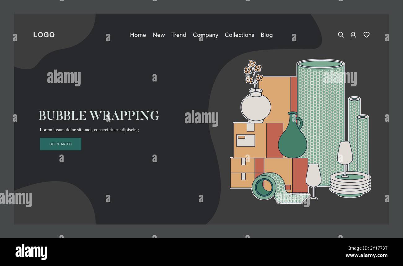 Il concetto di abbandono. Oggetti delicati da preparare per il trasporto, fissati con un involucro a bolle d'aria. La sfida di imballare in sicurezza oggetti fragili. Illustrazione vettoriale. Illustrazione Vettoriale