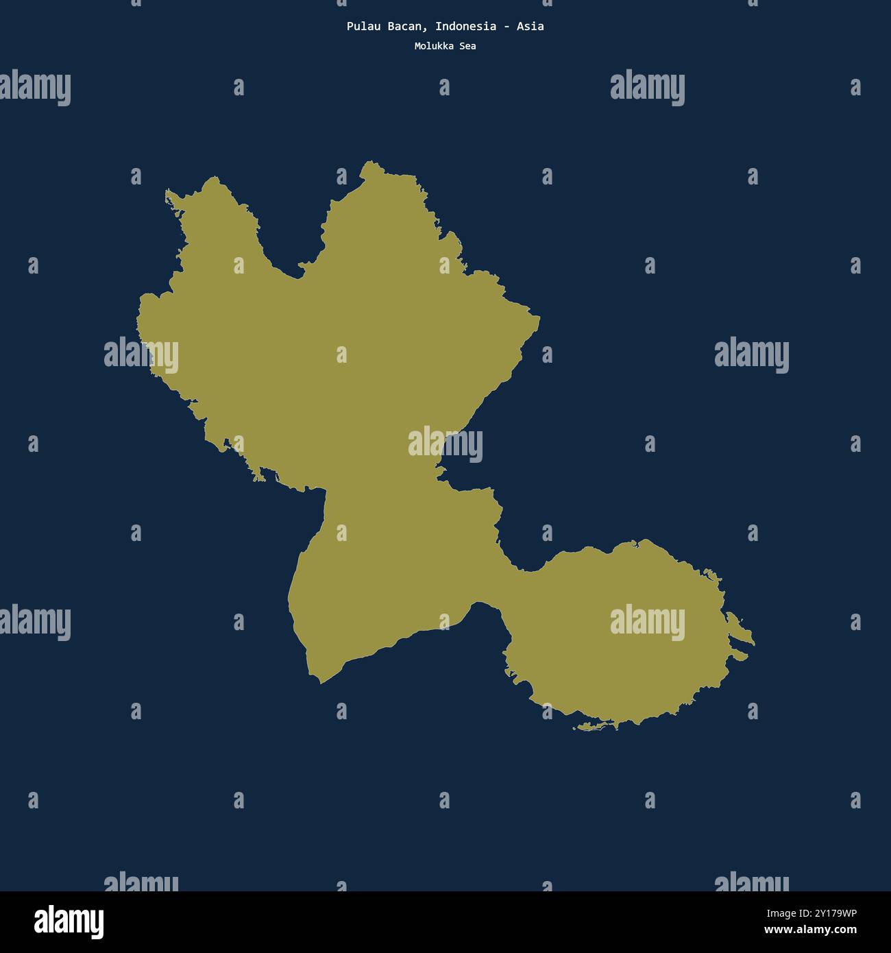 Forma di Pulau Bacan nel Mare delle Molukka, appartenente all'Indonesia Foto Stock