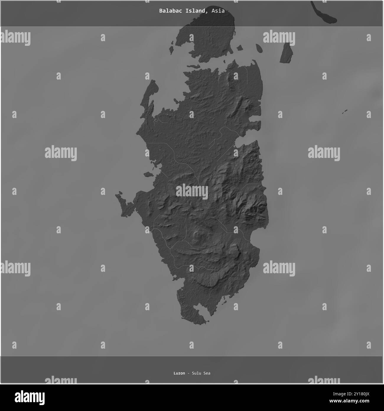 L'isola di Balabac, nel Mare di Sulu, appartenente alle Filippine, si è ritagliata in piazza su una mappa di elevazione a due livelli Foto Stock