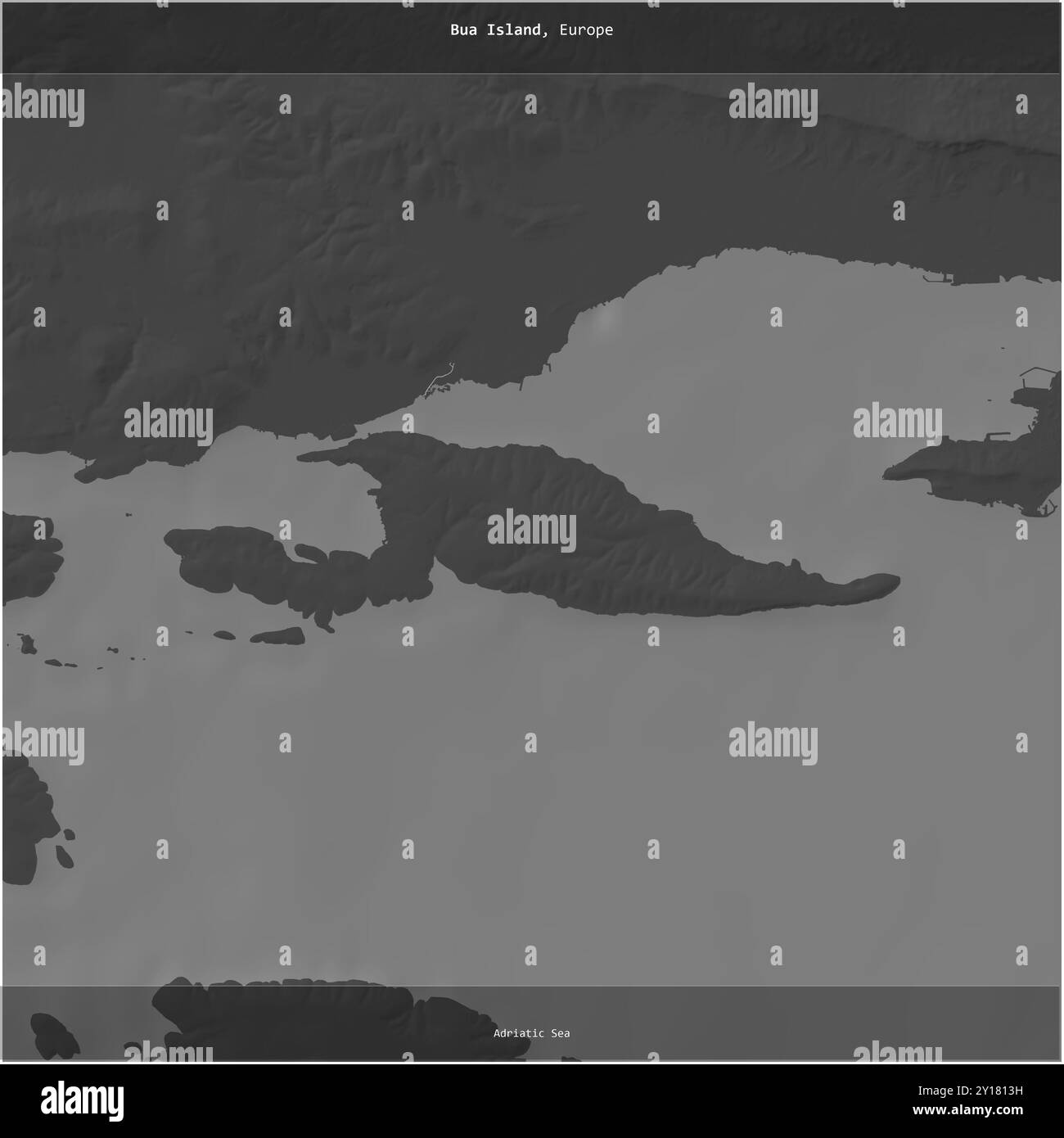 Isola di BUA nel Mare Adriatico, appartenente alla Croazia, ritagliata su una mappa a due livelli Foto Stock