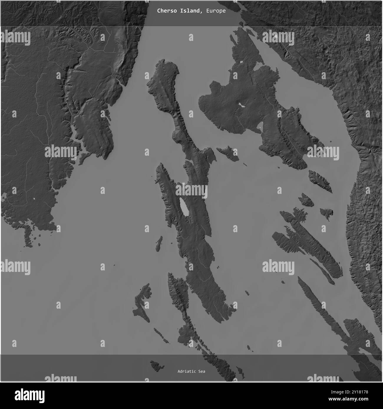 Isola di Cherso nel Mare Adriatico, appartenente alla Croazia, ritagliata in piazza su una mappa a due livelli Foto Stock