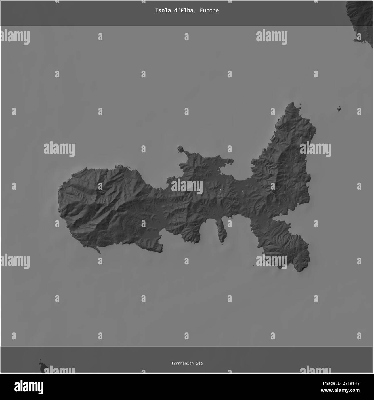 Isola d'Elba nel Mar Tirreno, appartenente all'Italia, ritagliata in piazza su una mappa a due livelli Foto Stock