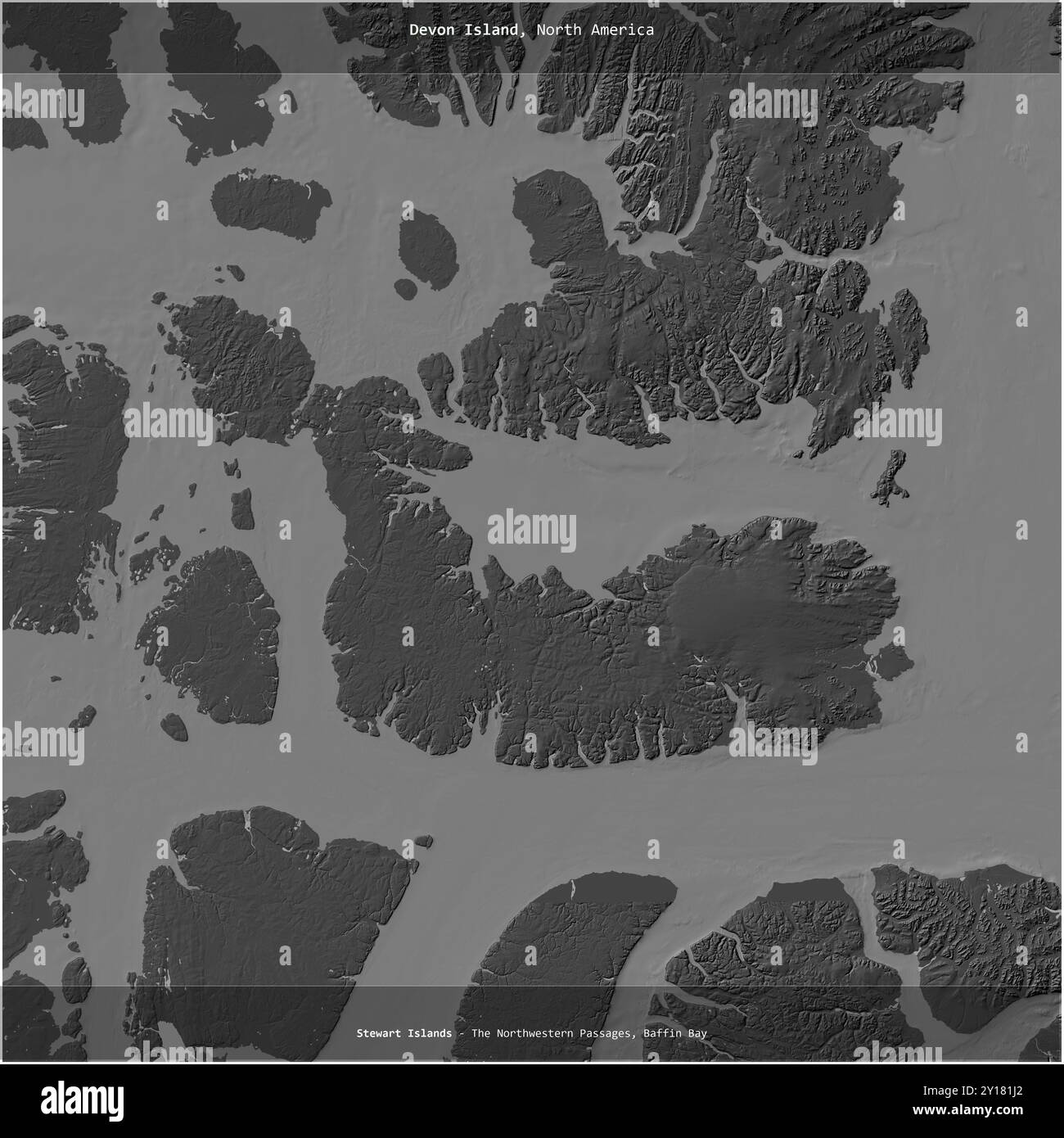 Devon Island, nella baia di Baffin, appartenente al Canada, si è ritagliata su una mappa a due livelli Foto Stock