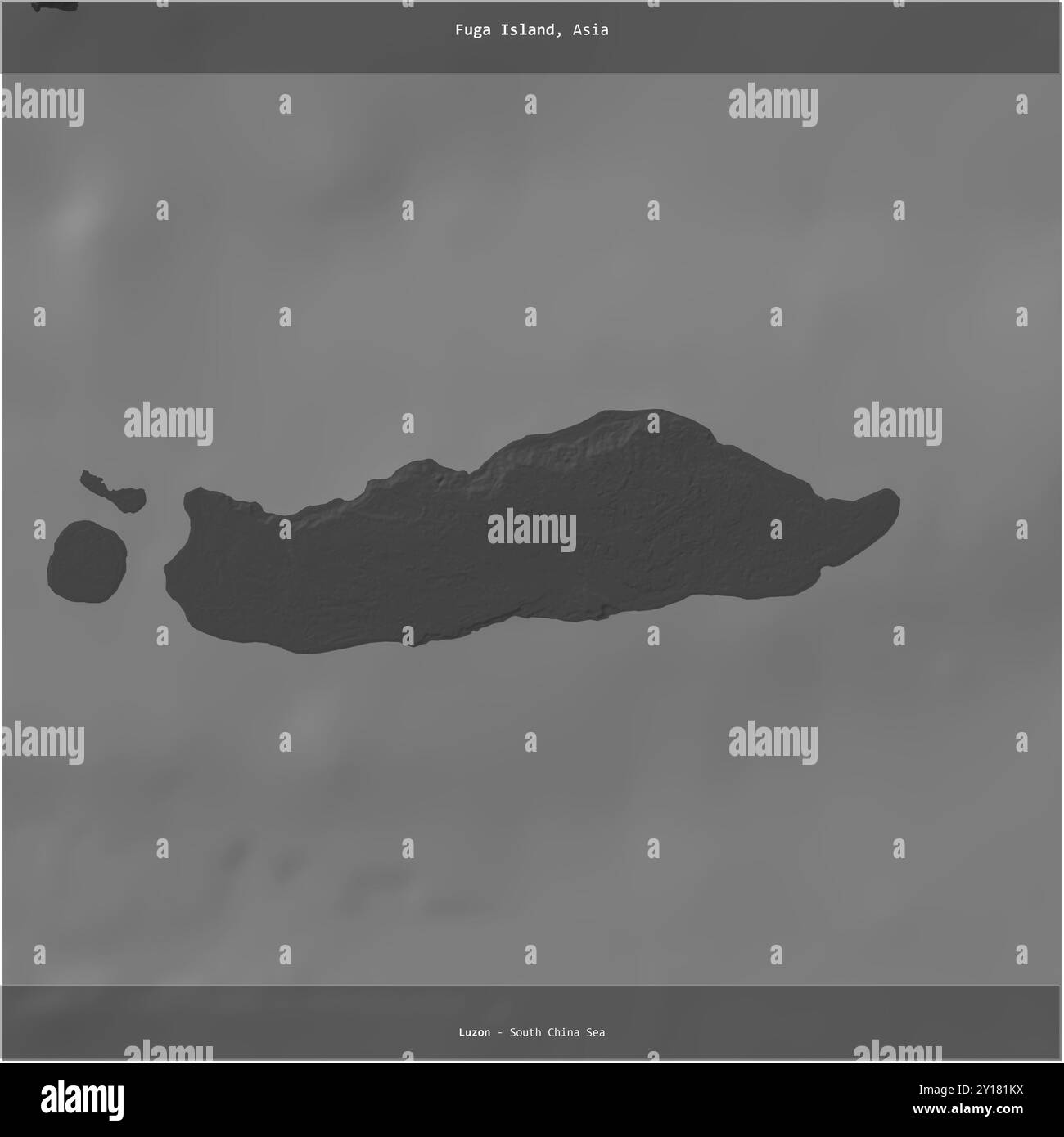 Isola fuga nel Mar Cinese meridionale, appartenente alle Filippine, ritagliata in piazza su una mappa di elevazione a due livelli Foto Stock