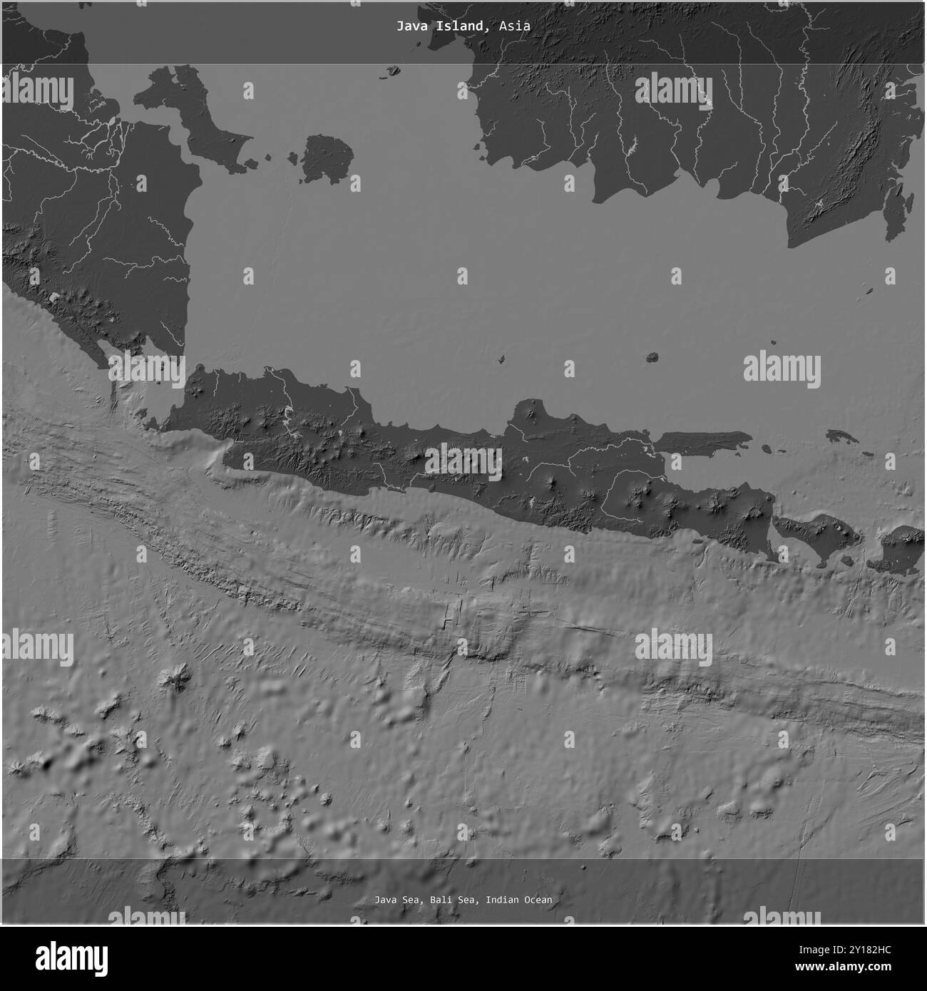 Isola di Giava nel Mar di Giava, appartenente all'Indonesia, ritagliata in quadrato su una mappa di elevazione a due livelli Foto Stock