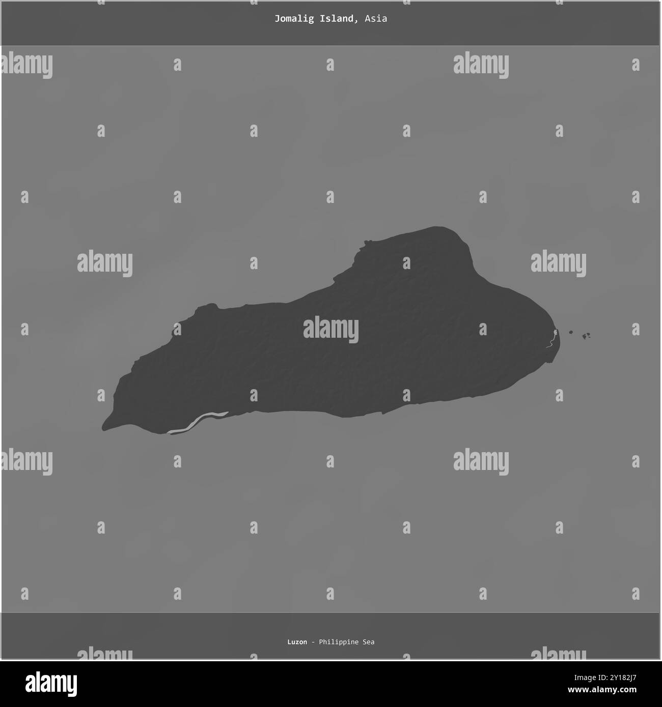L'isola di Jomalig nel Mar delle Filippine, appartenente alle Filippine, è stata ritagliata in piazza su una mappa di elevazione a due livelli Foto Stock