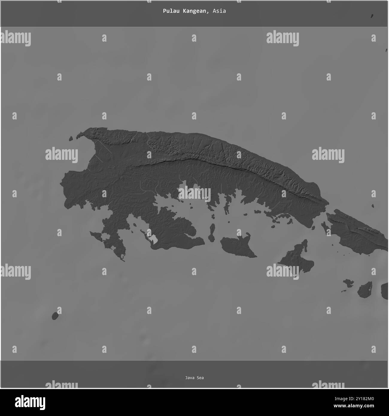 Pulau Kangean nel Mar di Giava, appartenente all'Indonesia, ritagliato in quadrato su una mappa di elevazione a due livelli Foto Stock