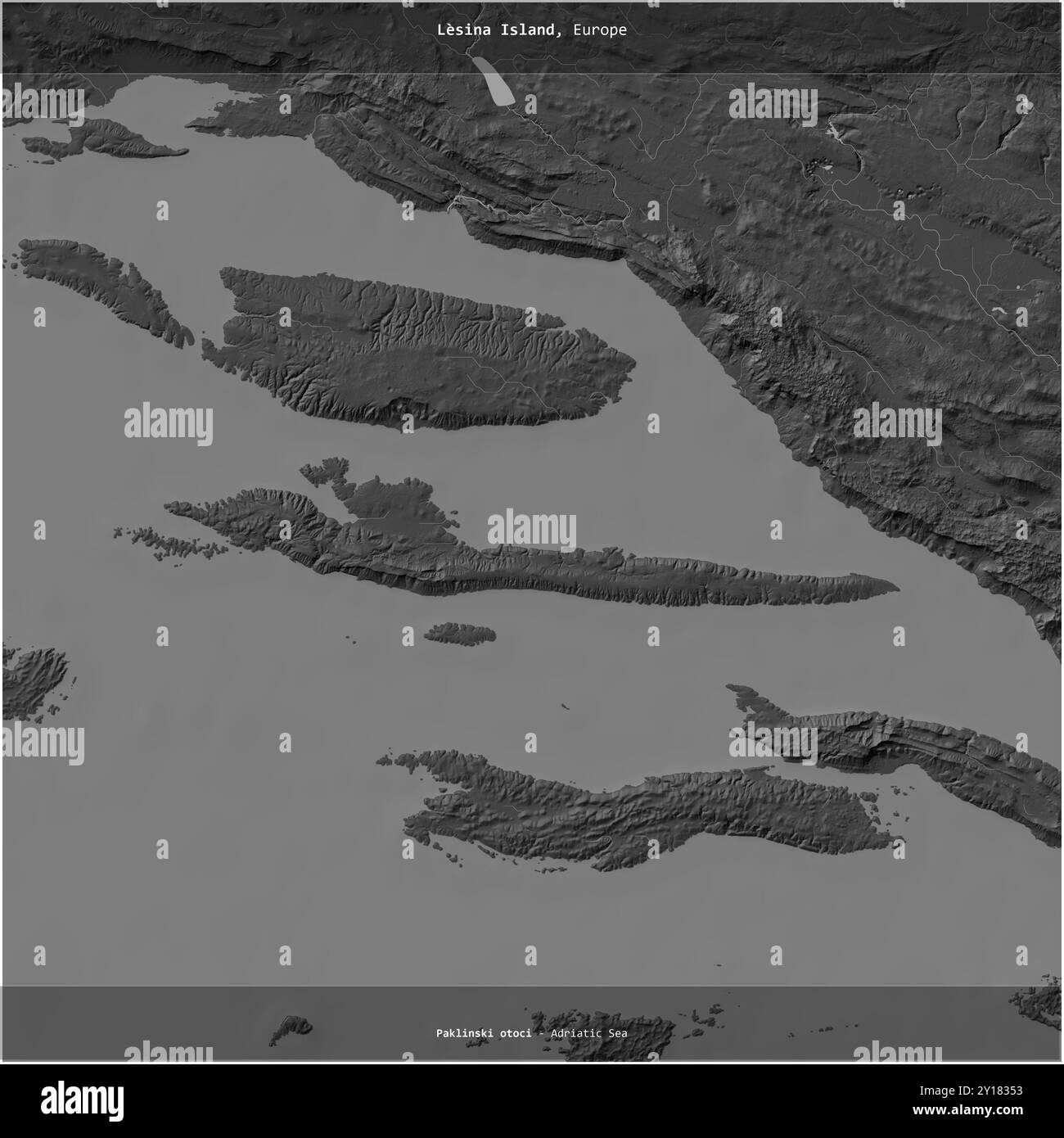 Isola di Lesina nel Mare Adriatico, appartenente alla Croazia, ritagliata in piazza su una mappa di elevazione a due livelli Foto Stock
