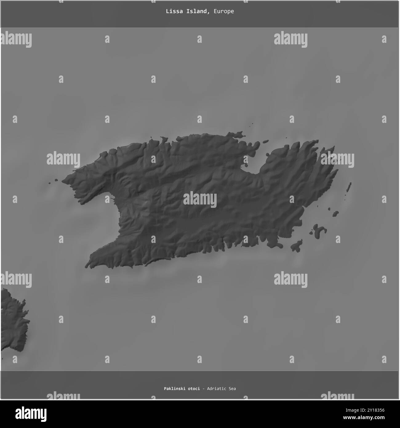 Isola di Lissa nel Mare Adriatico, appartenente alla Croazia, ritagliata in piazza su una mappa a due livelli Foto Stock