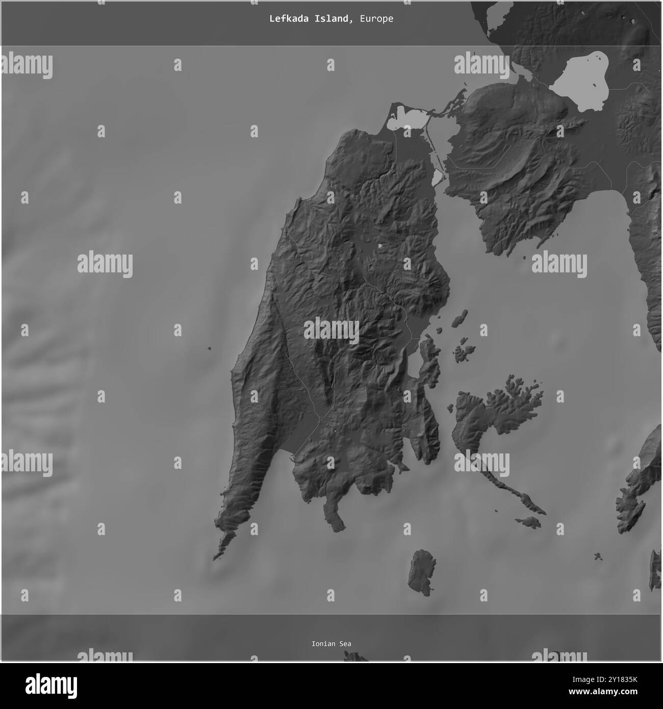 L'isola di Lefkada, nel Mar Ionio, appartenente alla Grecia, è stata ritagliata su una mappa a due livelli Foto Stock