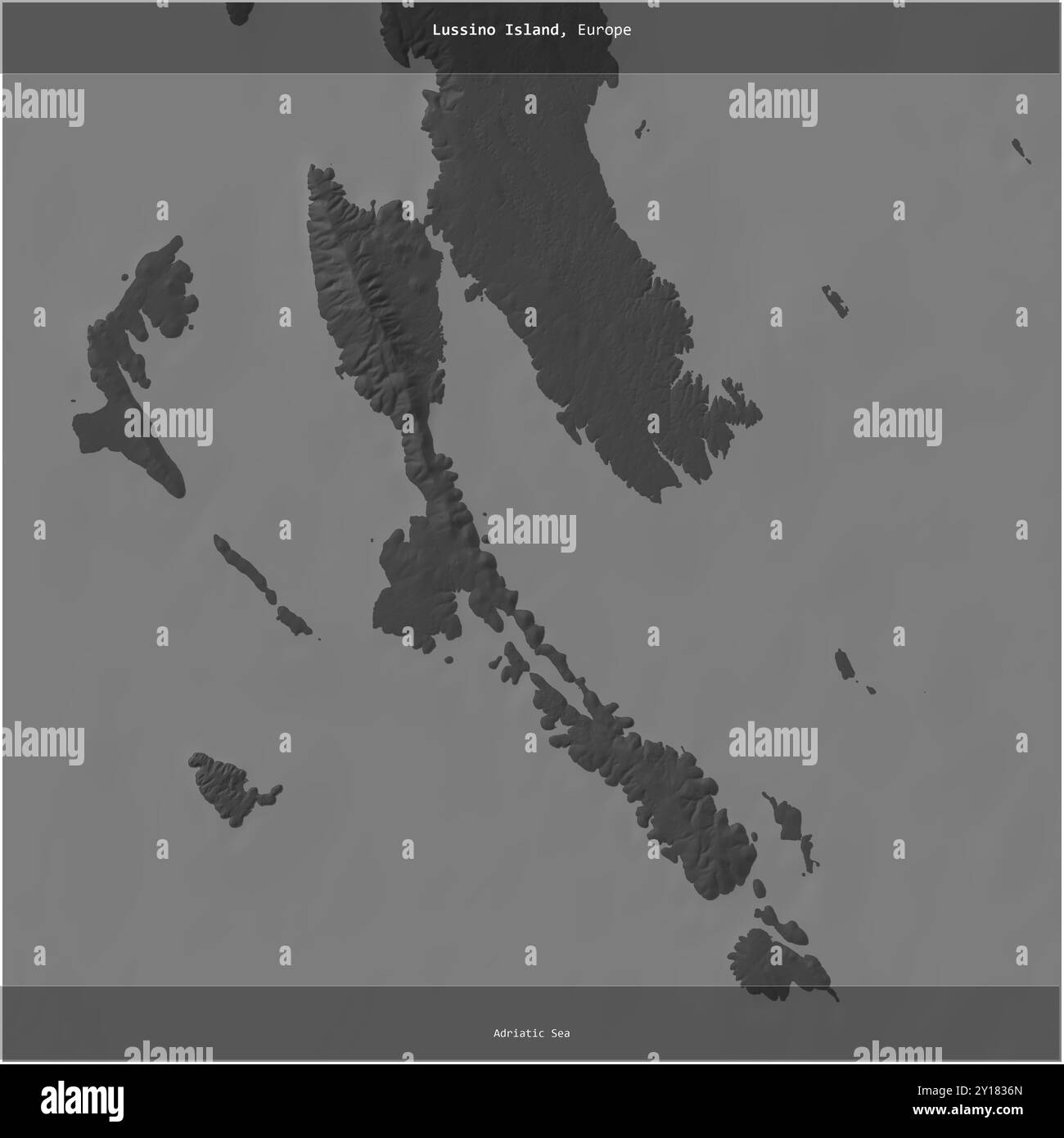 Isola di Lussino nel Mare Adriatico, appartenente alla Croazia, ritagliata in piazza su una mappa a due livelli Foto Stock