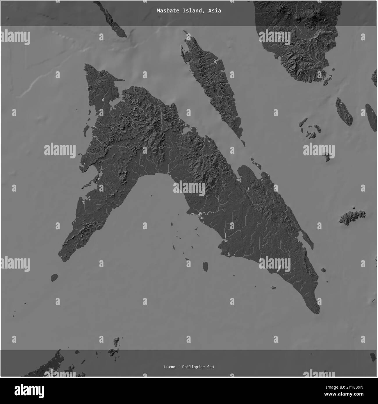 Masbate Island nel Mar delle Filippine, appartenente alle Filippine, ritagliata in piazza su una mappa a due livelli Foto Stock
