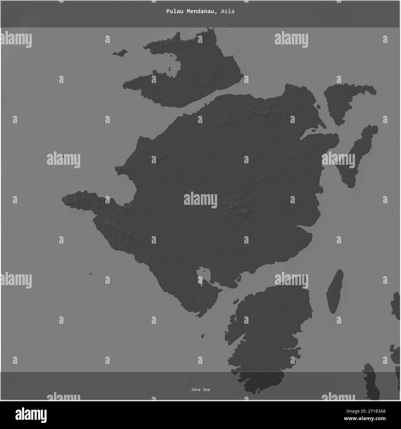 Pulau Mendanau nel Mar di Giava, appartenente all'Indonesia, ritagliato in quadrato su una mappa di elevazione a due livelli Foto Stock