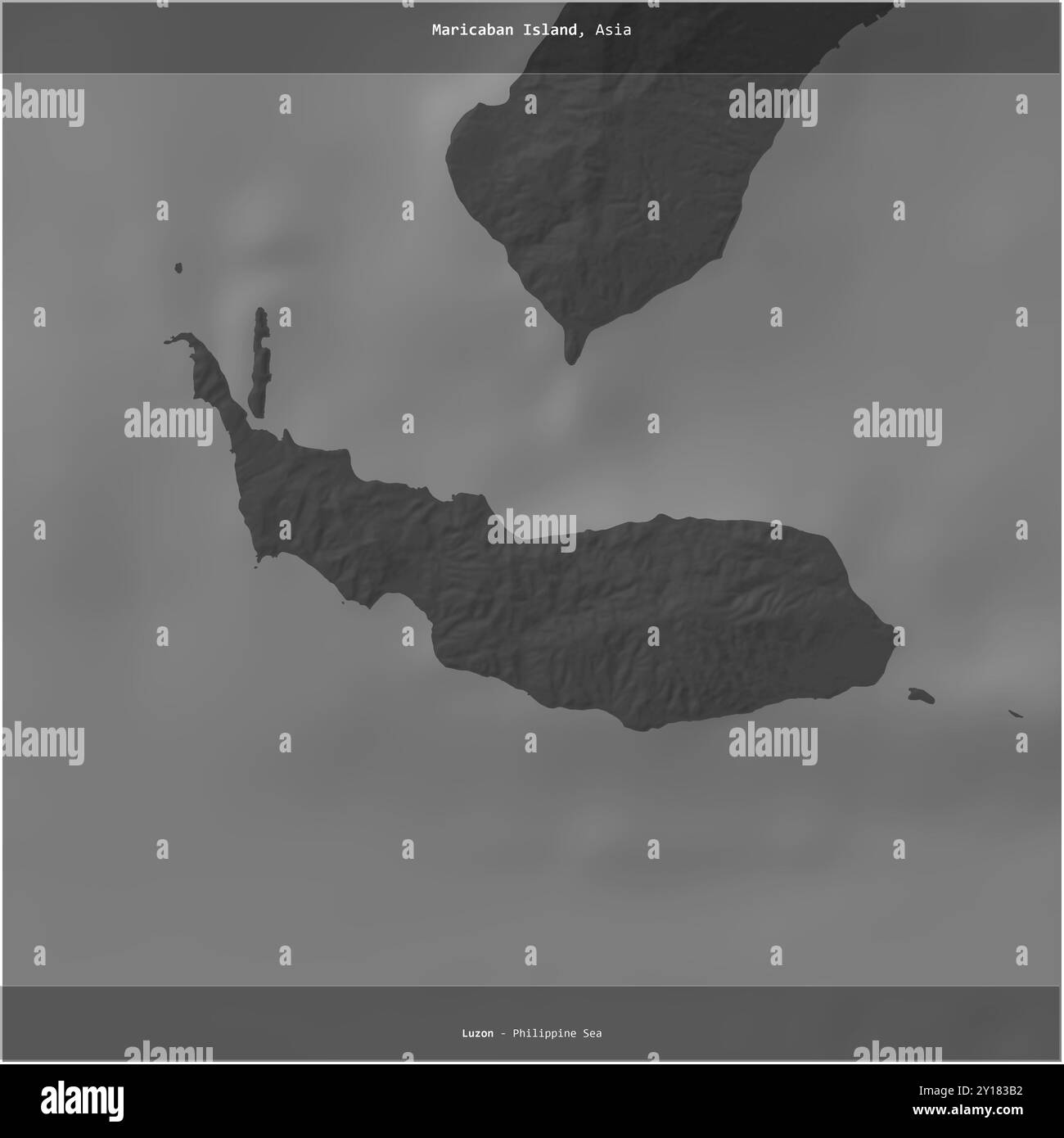 Maricaban Island nel Mar delle Filippine, appartenente alle Filippine, ritagliata in piazza su una mappa di elevazione a due livelli Foto Stock