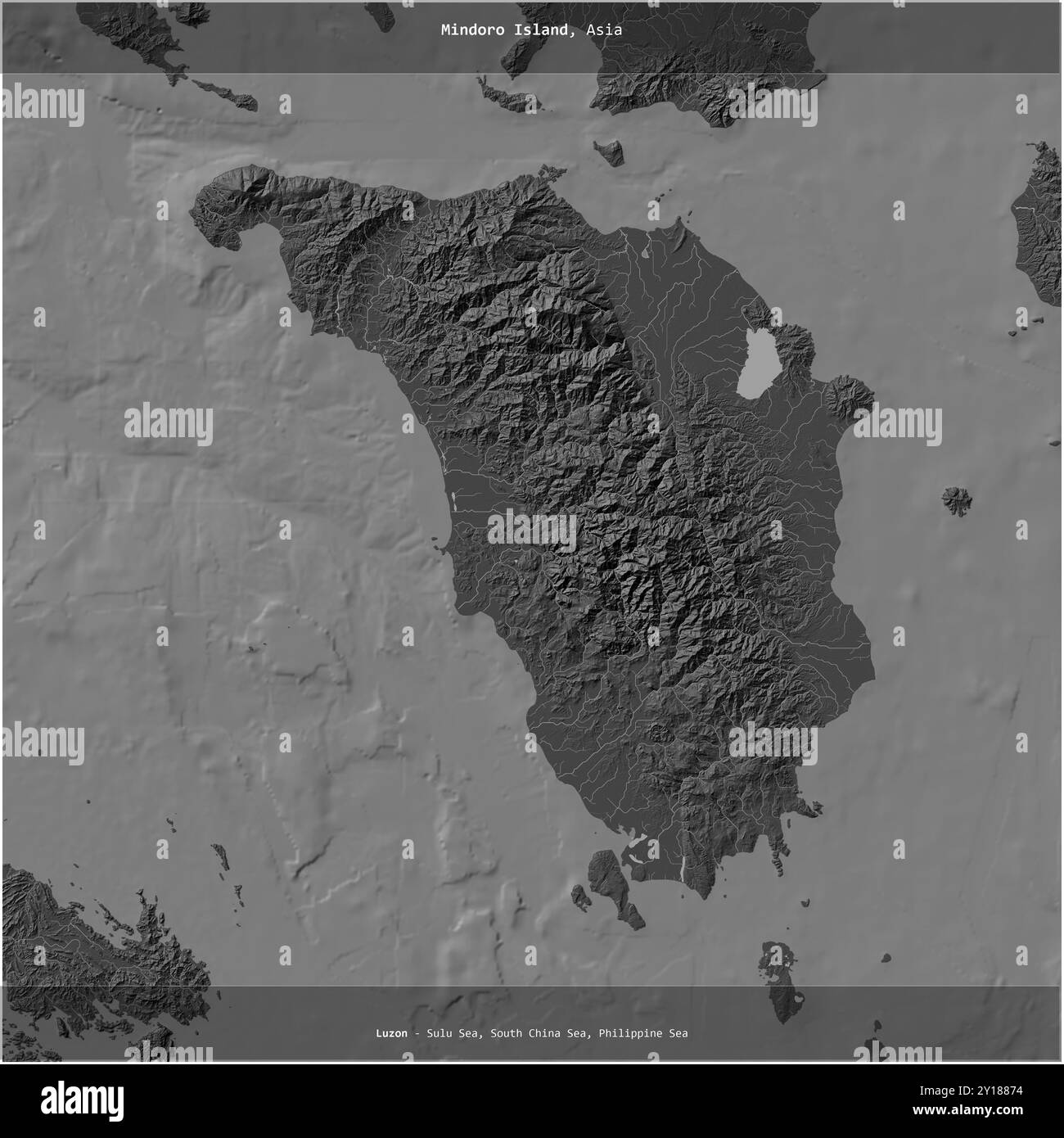 L'isola di Mindoro, nel Mare di Sulu, appartenente alle Filippine, si è ritagliata in piazza su una mappa di elevazione a due livelli Foto Stock