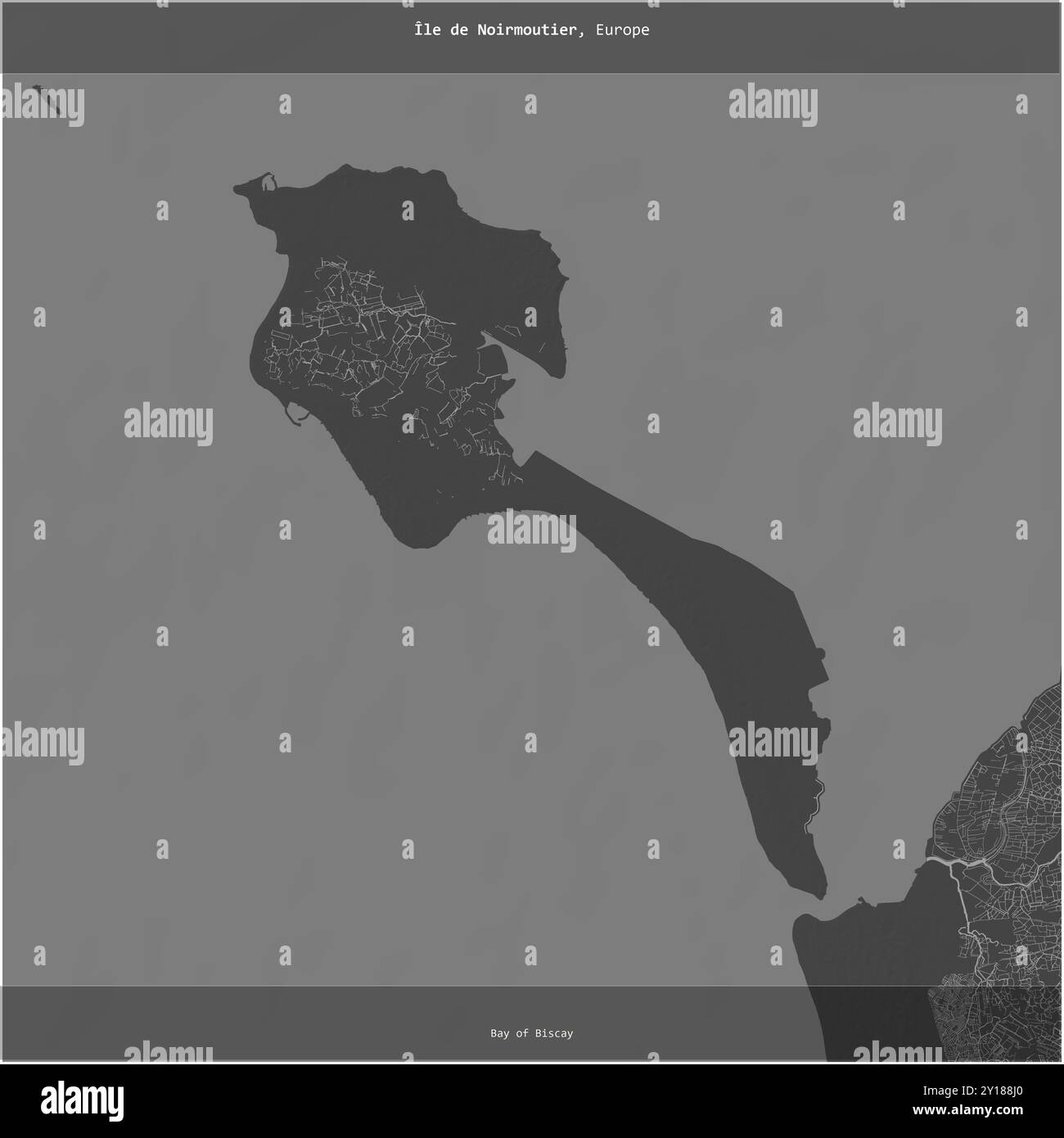 Ile de Noirmoutier nella baia di Biscaglia, appartenente alla Francia, tagliata in piazza su una mappa a due livelli Foto Stock