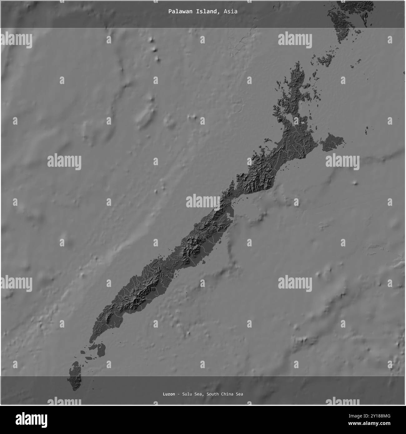 L'isola Palawan, nel Mare di Sulu, appartenente alle Filippine, si è ritagliata in piazza su una mappa di elevazione a due livelli Foto Stock