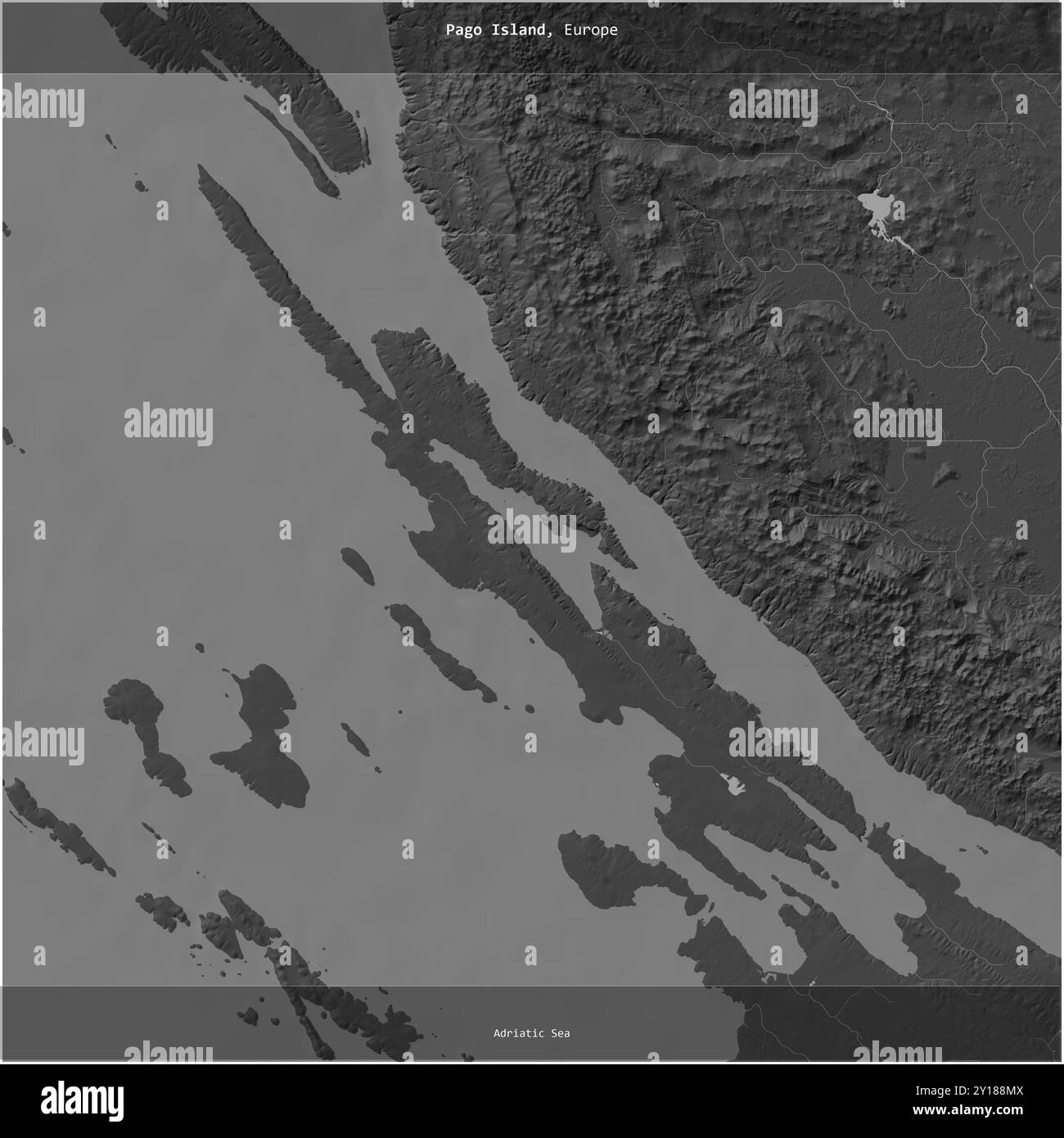 L'isola di Pago nel Mare Adriatico, appartenente alla Croazia, è stata ritagliata su una mappa a due livelli Foto Stock