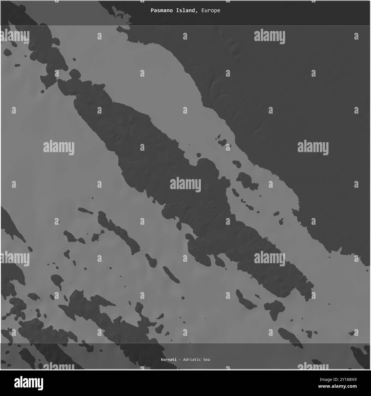 L'isola di Pasmano, nel Mare Adriatico, appartenente alla Croazia, si è ritagliata in piazza su una mappa a due livelli Foto Stock