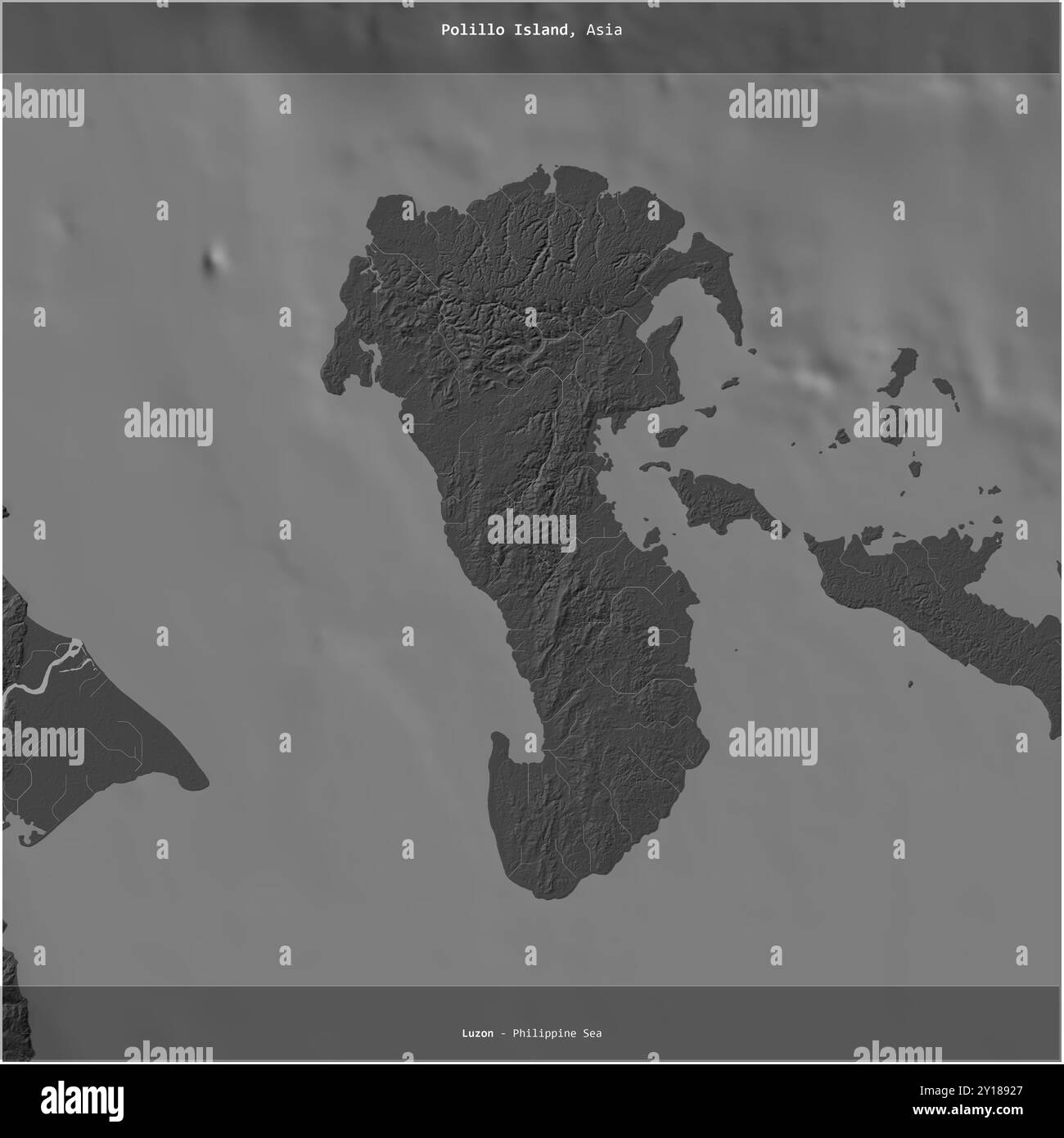 Polillo Island nel Mar delle Filippine, appartenente alle Filippine, ritagliata in piazza su una mappa di elevazione a due livelli Foto Stock