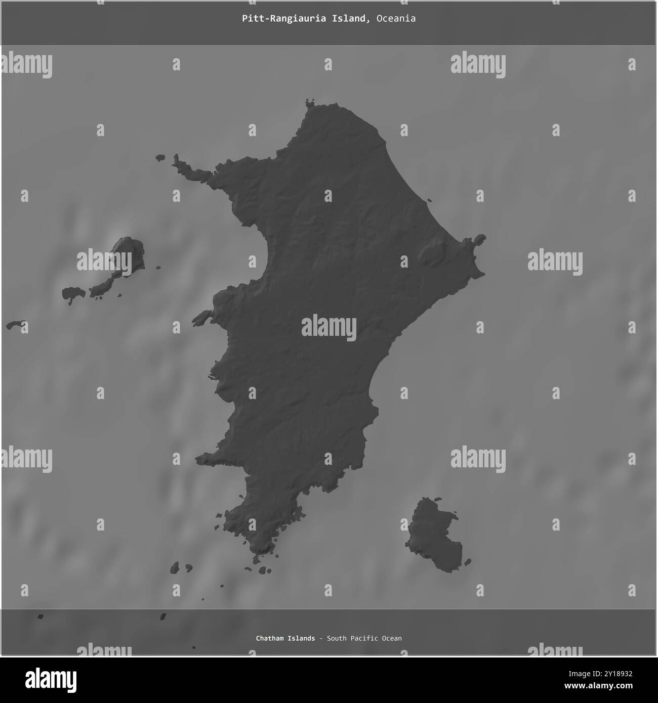 L'isola Pitt-Rangiauria, nell'Oceano Pacifico meridionale, appartenente alla nuova Zelanda, si è ritagliata su una mappa a due livelli Foto Stock