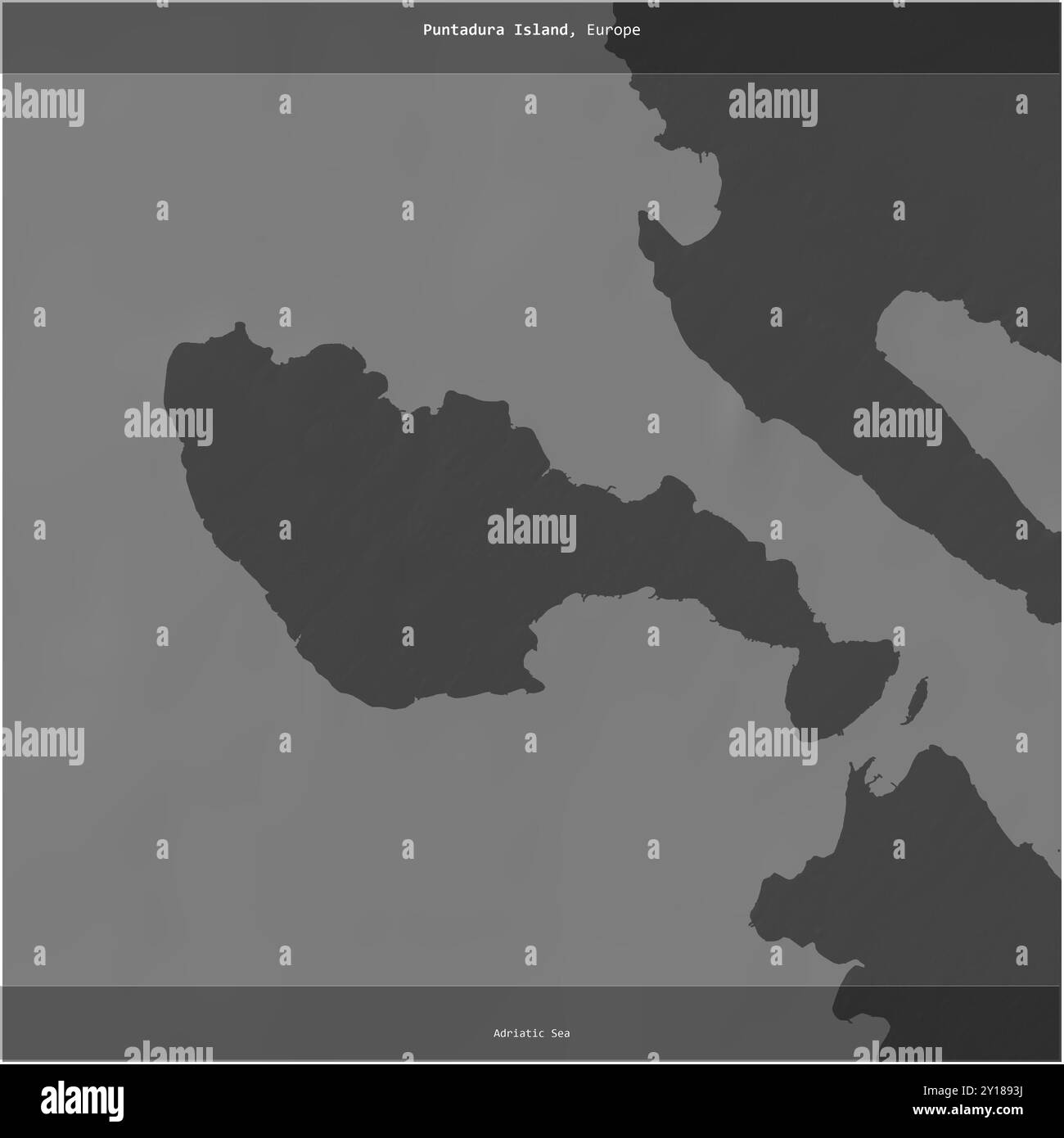 Isola di puntura nel Mare Adriatico, appartenente alla Croazia, tagliata in piazza su una mappa di elevazione a due livelli Foto Stock