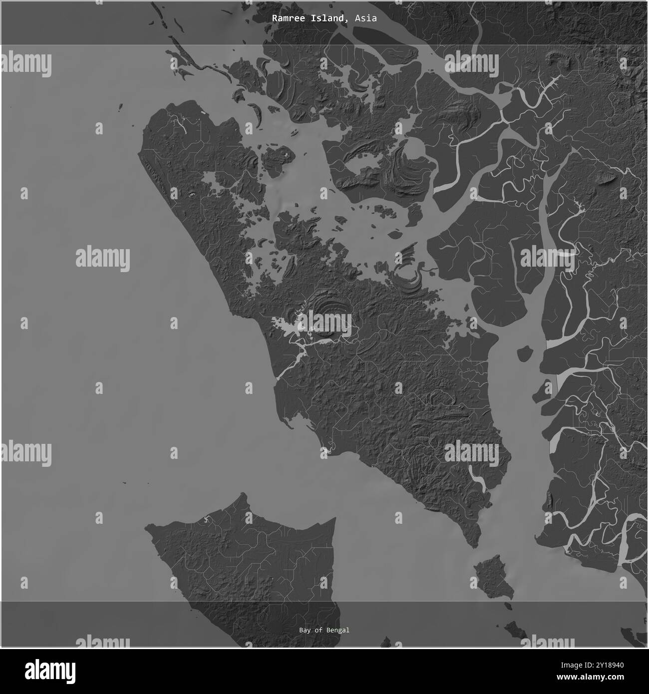 Ramree Island nella Baia del Bengala, appartenente al Myanmar, si è ritagliata su una mappa a due livelli Foto Stock