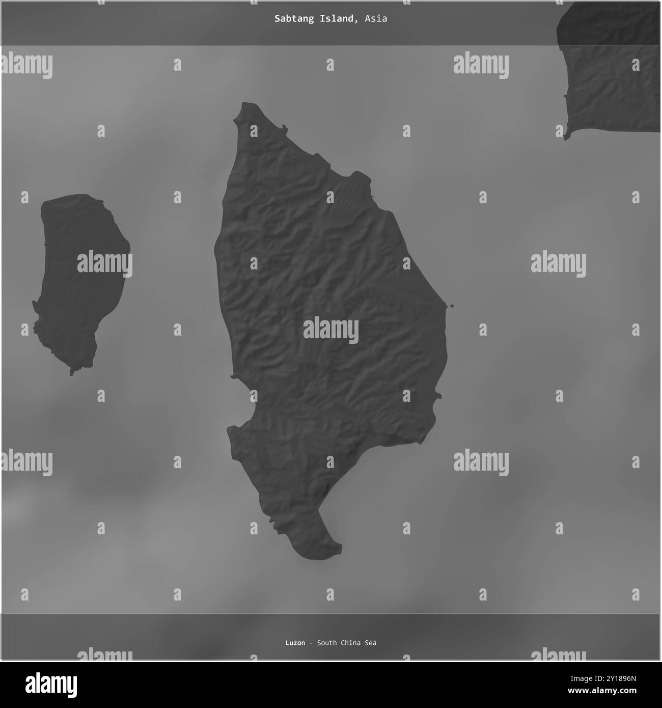 Sabtang Island nel Mar Cinese meridionale, appartenente alle Filippine, ritagliata in piazza su una mappa di elevazione a due livelli Foto Stock