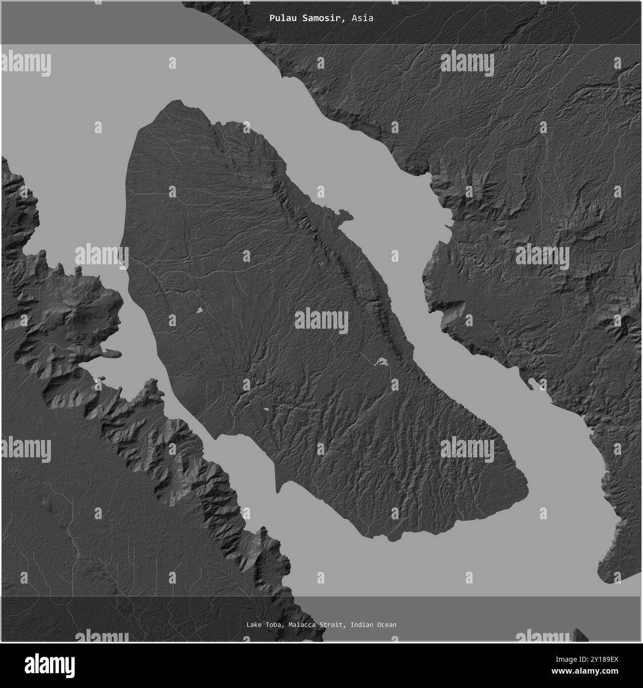 Pulau Samosir nel lago Toba, appartenente all'Indonesia, si ritagliò in piazza su una mappa di elevazione a due livelli Foto Stock