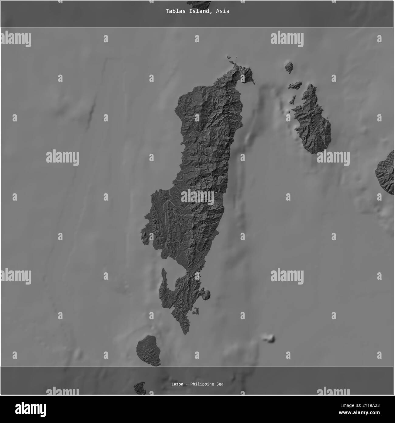 Tablas Island nel Mar delle Filippine, appartenente alle Filippine, ritagliata in piazza su una mappa di elevazione a due livelli Foto Stock