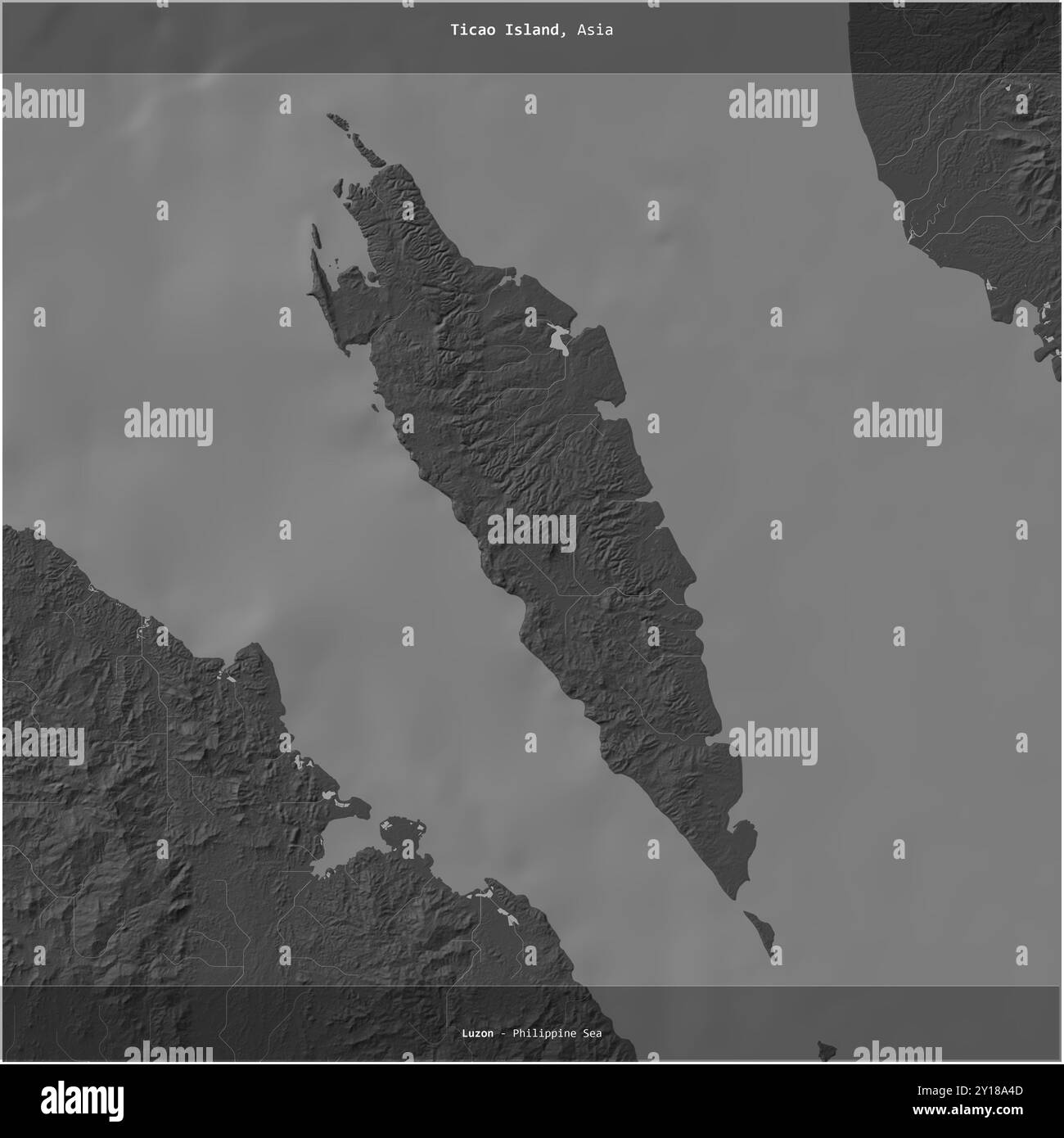 L'isola di Ticao nel Mar delle Filippine, appartenente alle Filippine, è stata ritagliata su una mappa di elevazione a due livelli Foto Stock