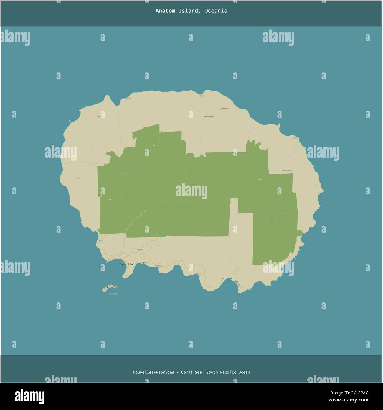 Anatom Island nel Mar dei Coralli, appartenente a Vanuatu, ritagliata in piazza su una mappa topografica in stile umanitario OSM Foto Stock