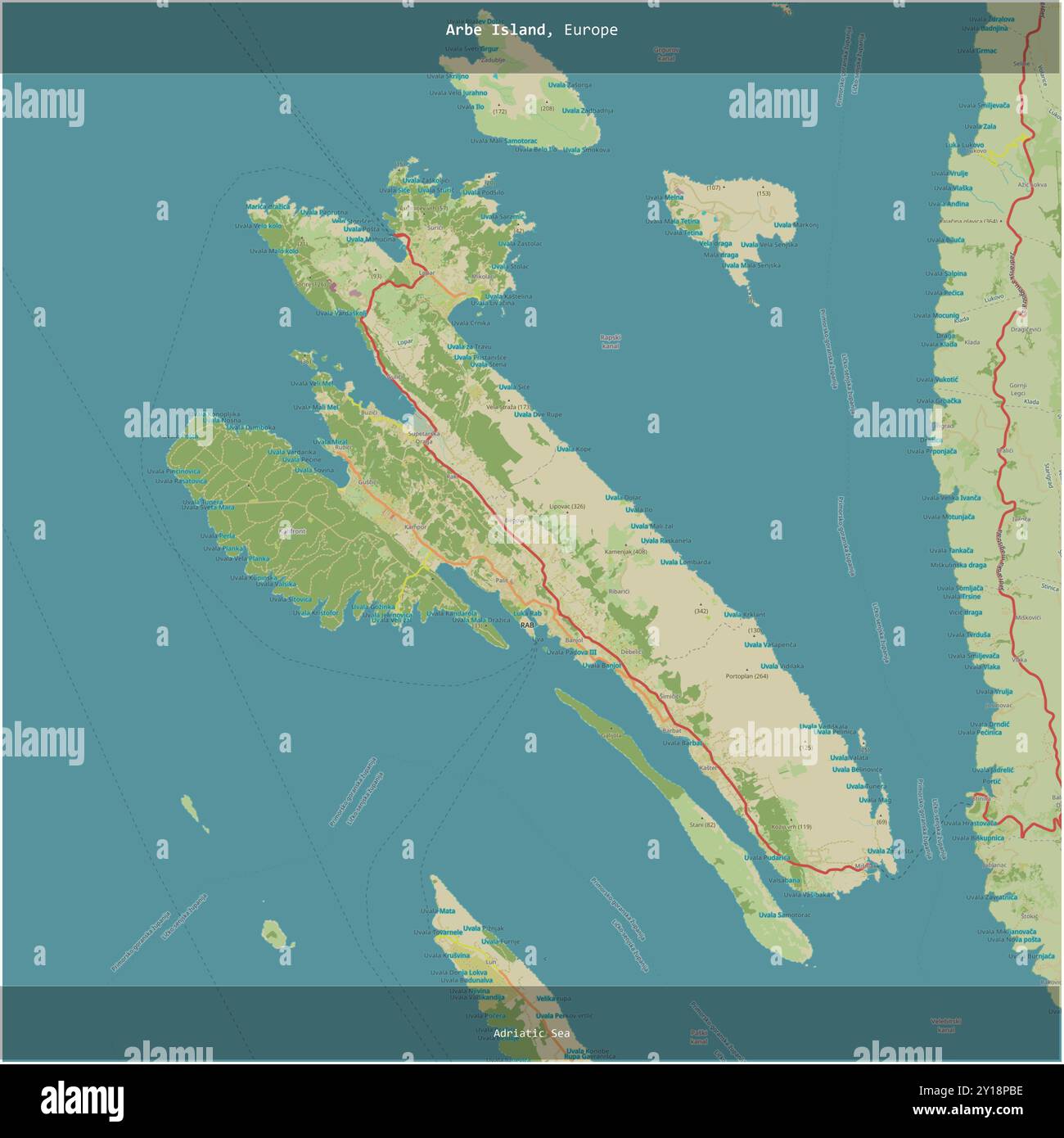 Isola di Arbe nel Mare Adriatico, appartenente alla Croazia, ritagliata in piazza su una mappa topografica in stile umanitario OSM Foto Stock
