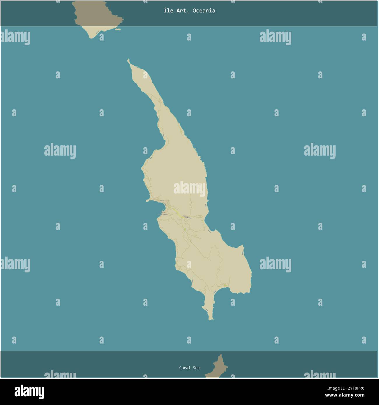 Ile Art nel Mar dei Coralli, appartenente alla Francia, ritagliata in piazza su una mappa topografica in stile umanitario OSM Foto Stock