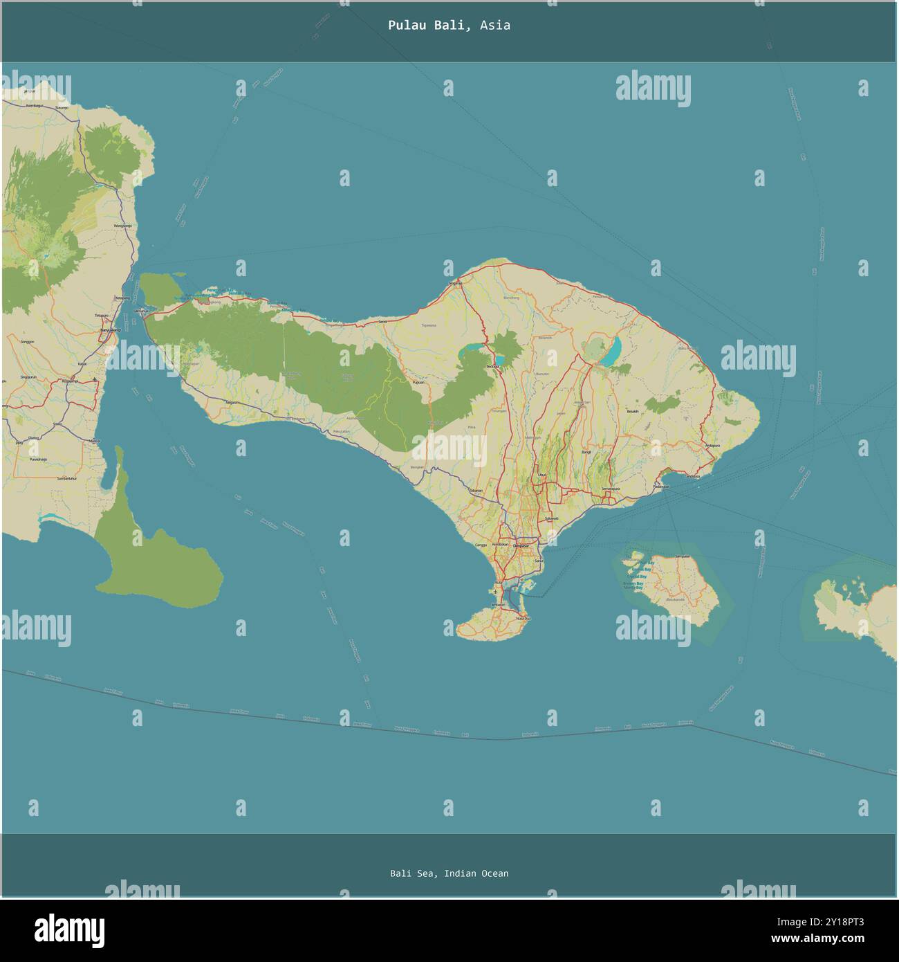 Pulau Bali nel mare di Bali, appartenente all'Indonesia, ritagliato in piazza su una mappa topografica in stile umanitario OSM Foto Stock