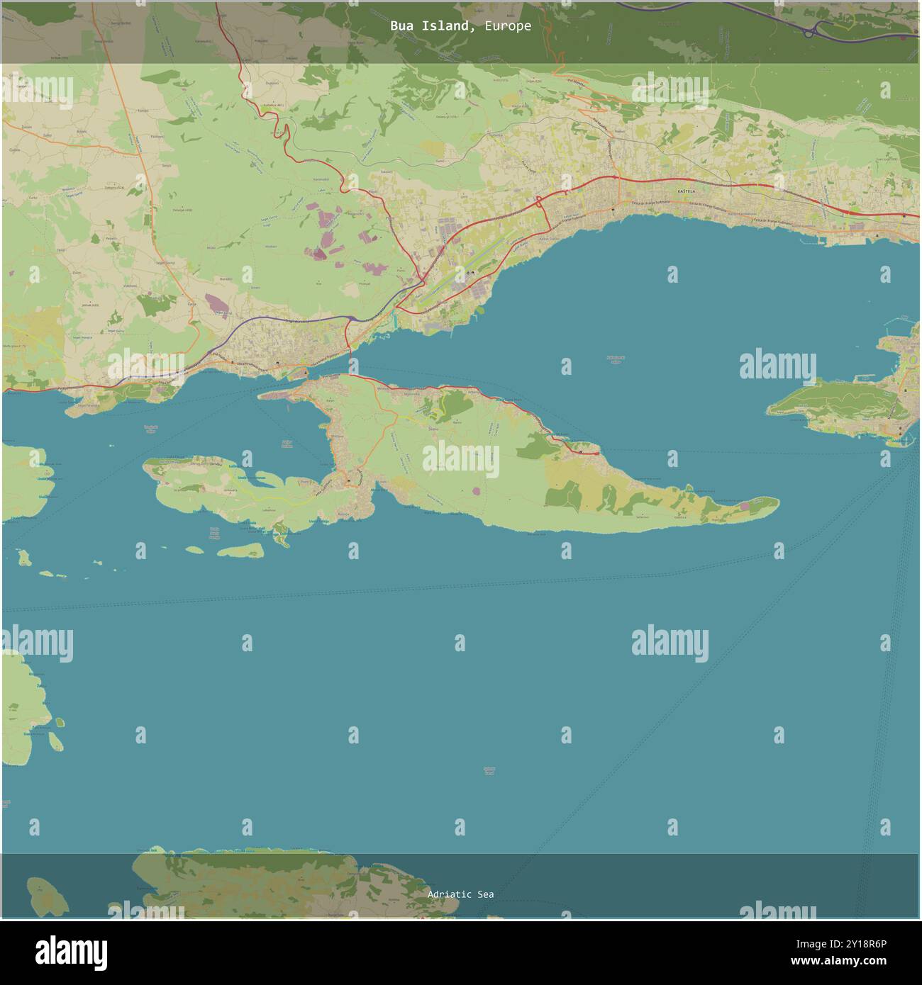 Isola BUA nel Mare Adriatico, appartenente alla Croazia, ritagliata in piazza su una mappa topografica in stile umanitario OSM Foto Stock