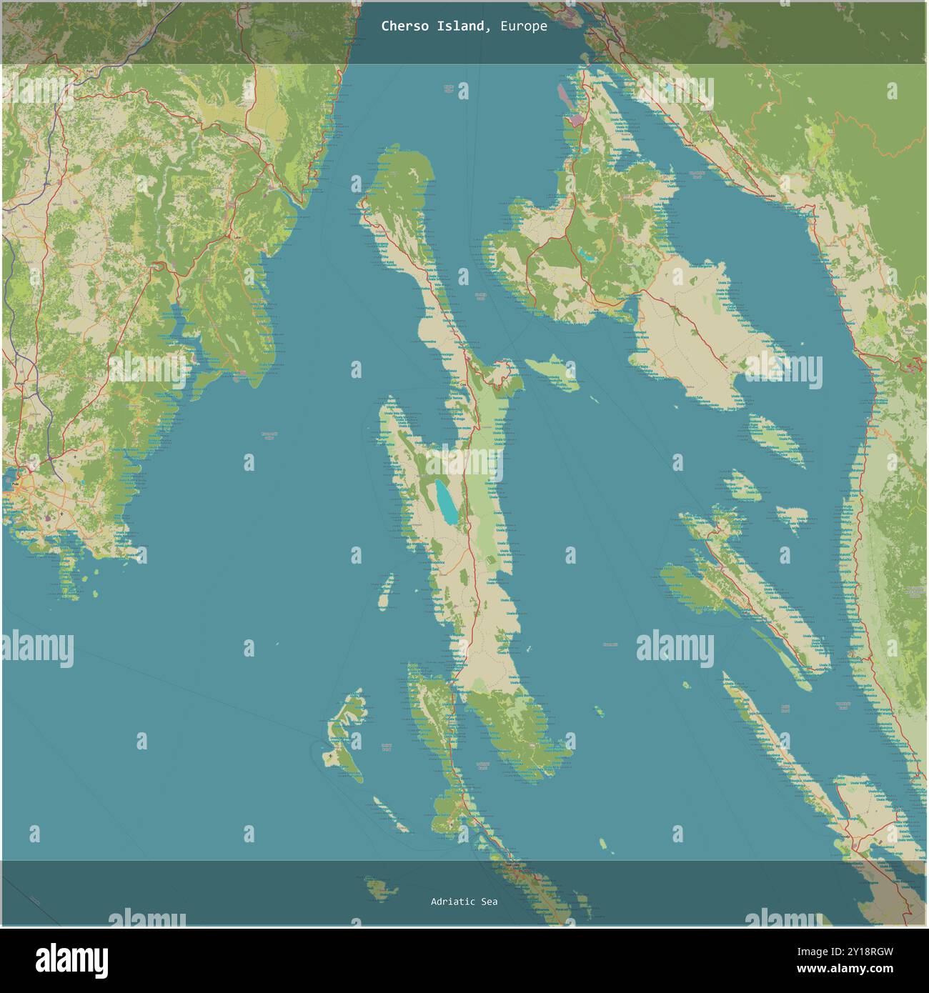 Isola di Cherso nel Mare Adriatico, appartenente alla Croazia, ritagliata in piazza su una mappa topografica in stile umanitario OSM Foto Stock