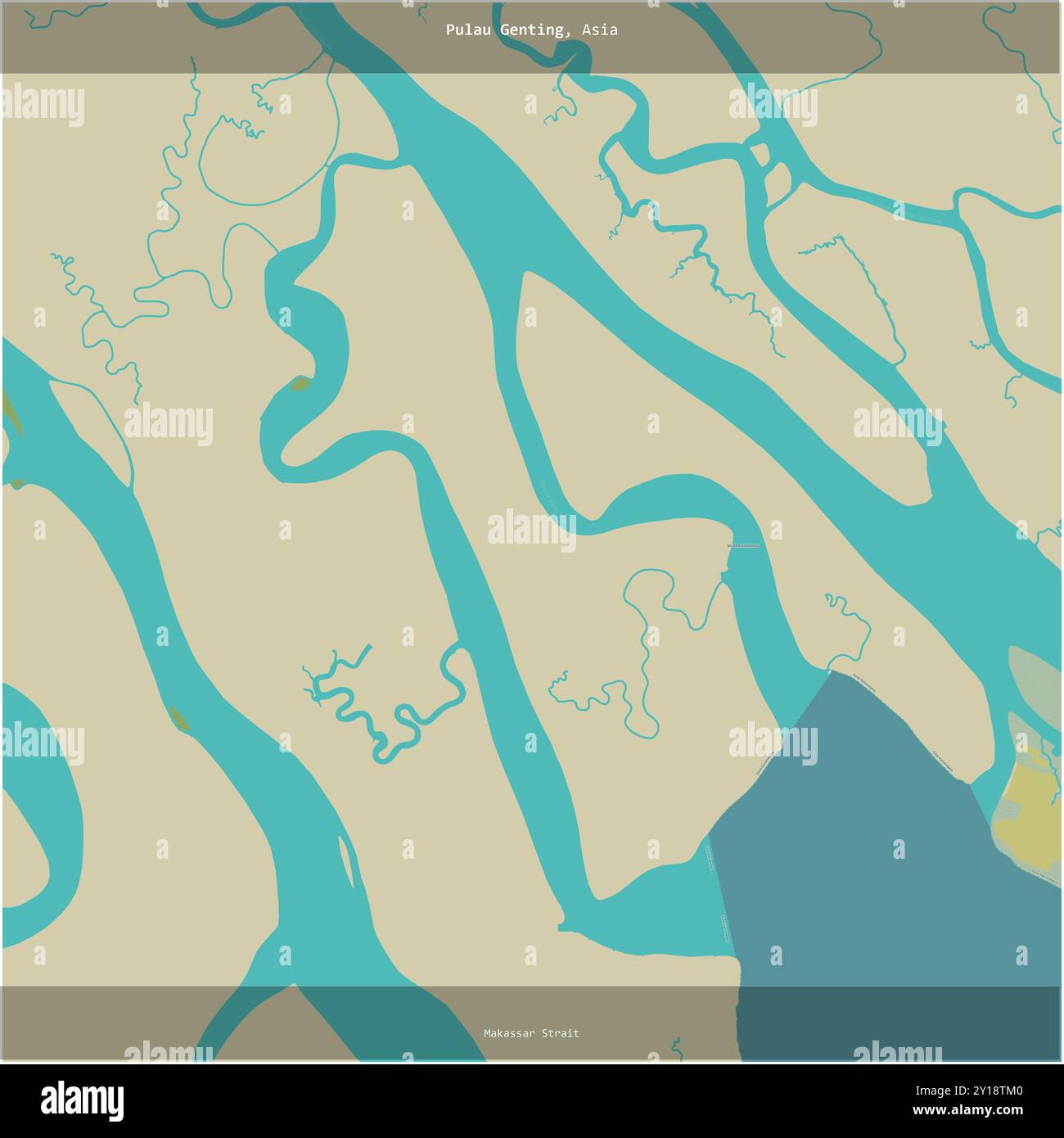 Pulau Genting nello stretto di Makassar, appartenente all'Indonesia, ritagliato in quadrato su una mappa topografica in stile umanitario OSM Foto Stock