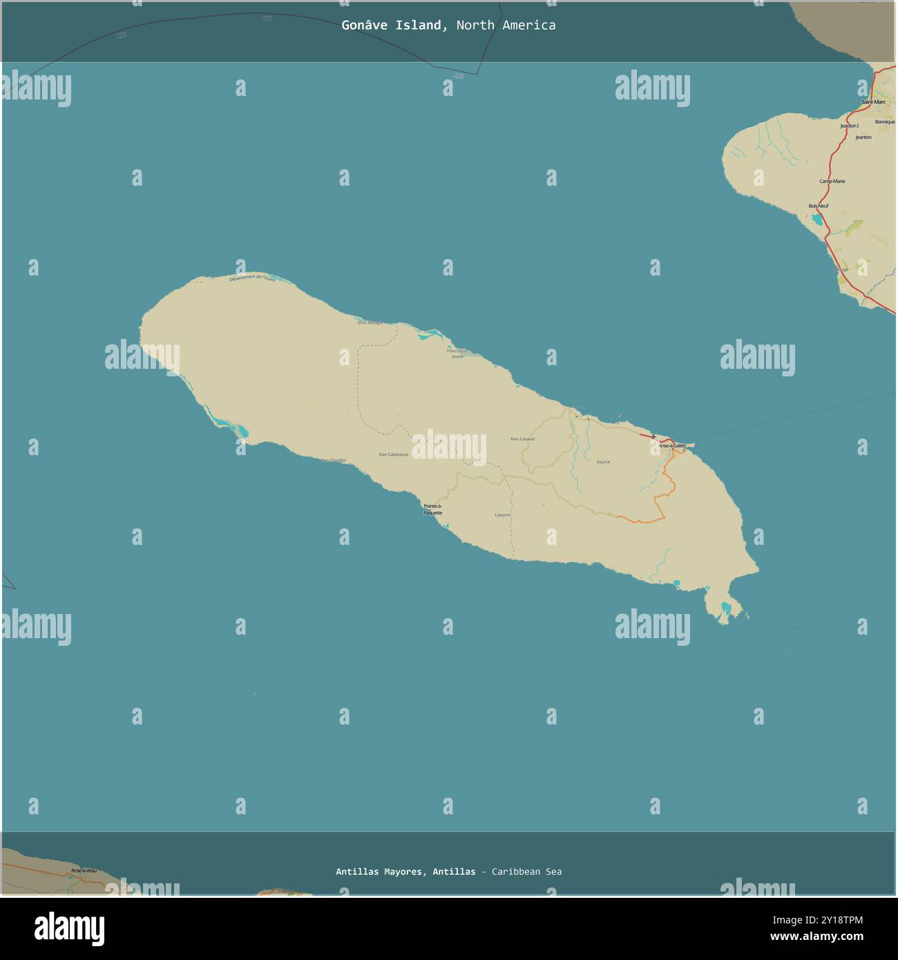 Gonave Island nel Mar dei Caraibi, appartenente ad Haiti, ritagliata in piazza su una mappa topografica in stile umanitario OSM Foto Stock