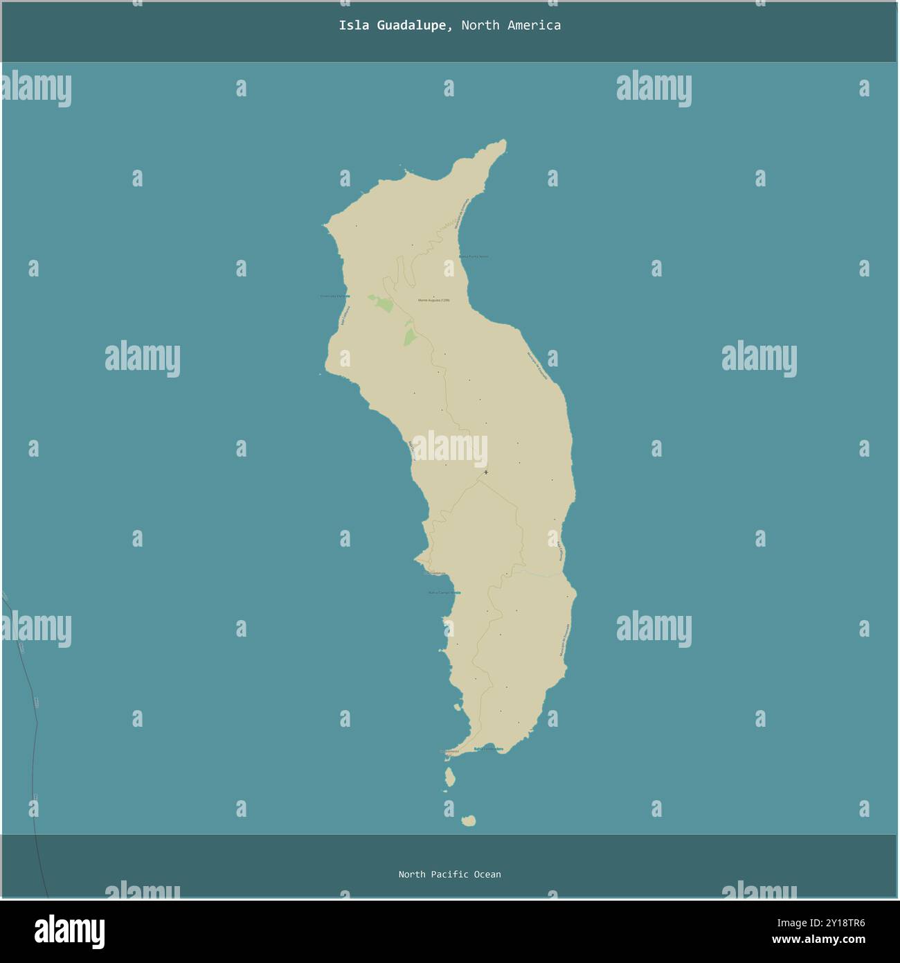 Isla Guadalupe nell'Oceano Pacifico settentrionale, appartenente al Messico, ritagliato in quadrato su una mappa topografica in stile umanitario OSM Foto Stock