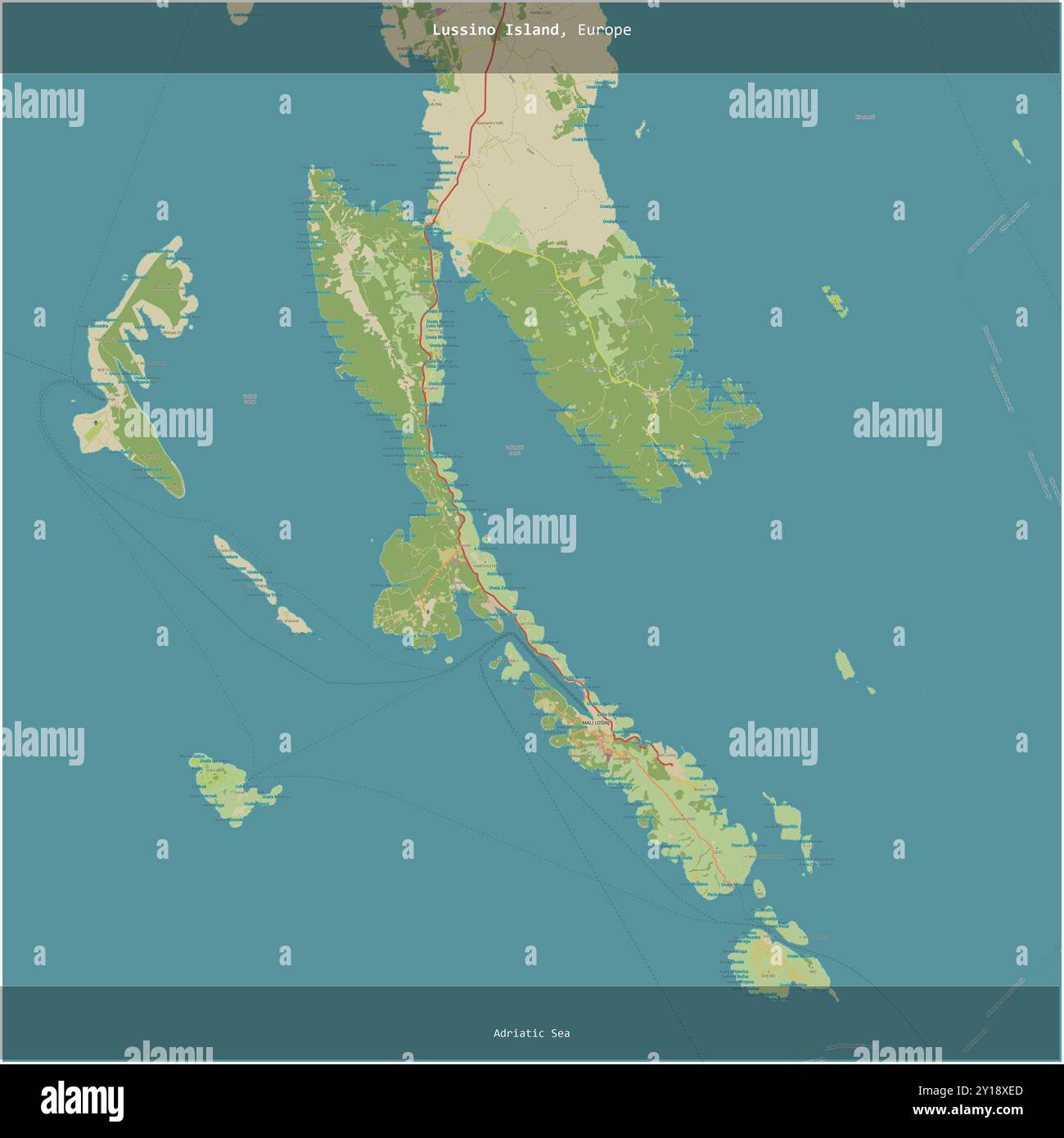 Isola di Lussino nel Mare Adriatico, appartenente alla Croazia, ritagliata in piazza su una mappa topografica in stile umanitario OSM Foto Stock