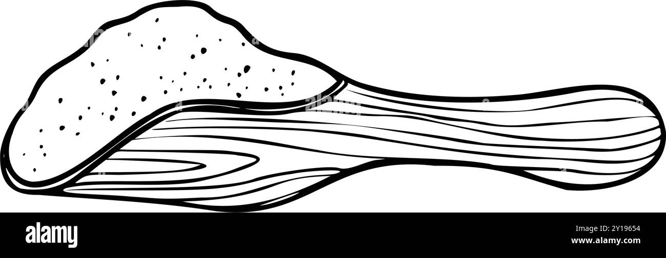 Farina in un'illustrazione vettoriale a cucchiaio di legno. Disegno Black Outline di Scoop con pile di polvere di grano bianco su sfondo isolato. Incisione a mano di ingredienti per panetteria o pasticceria. Illustrazione Vettoriale